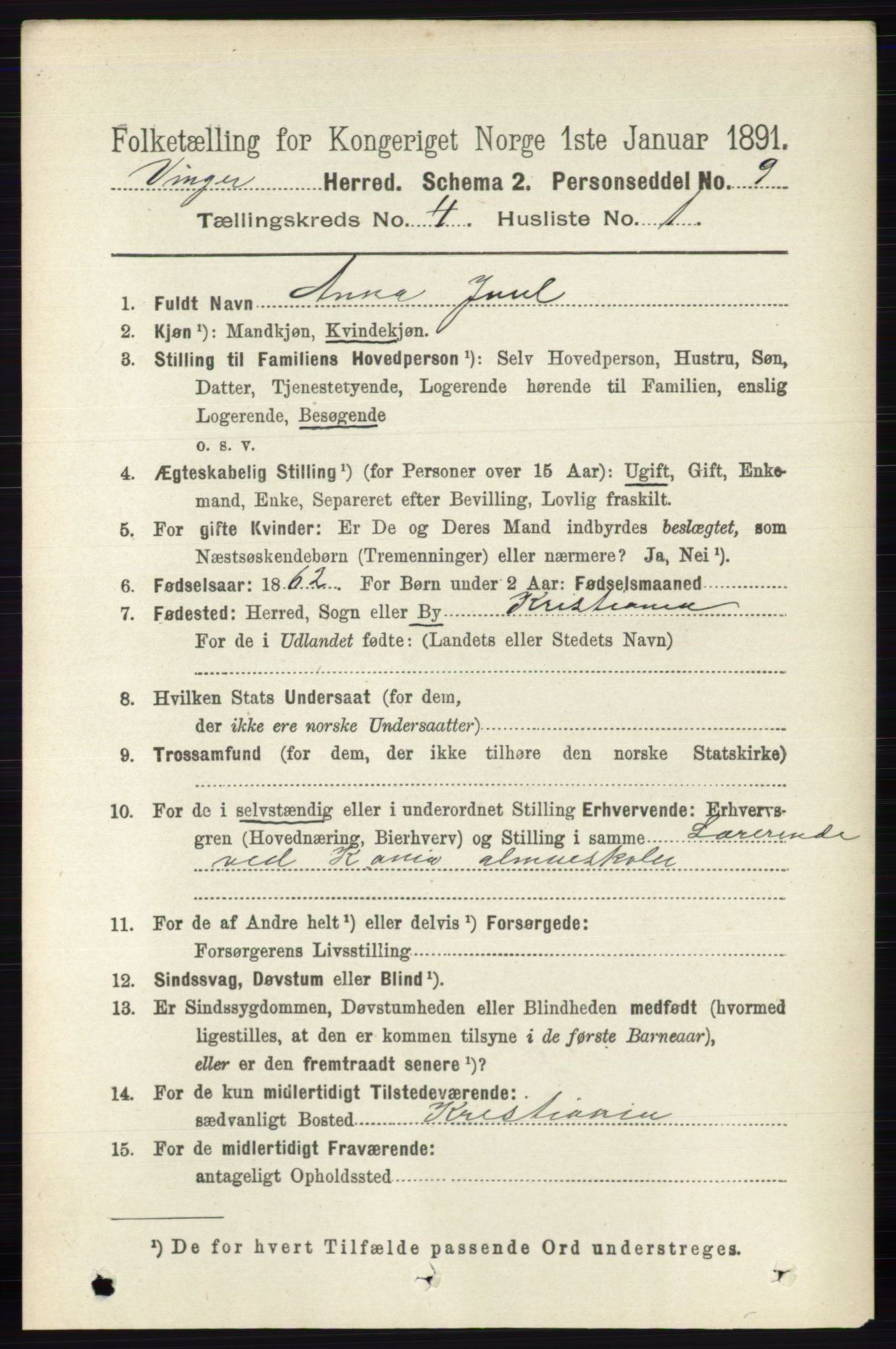 RA, 1891 census for 0421 Vinger, 1891, p. 1646