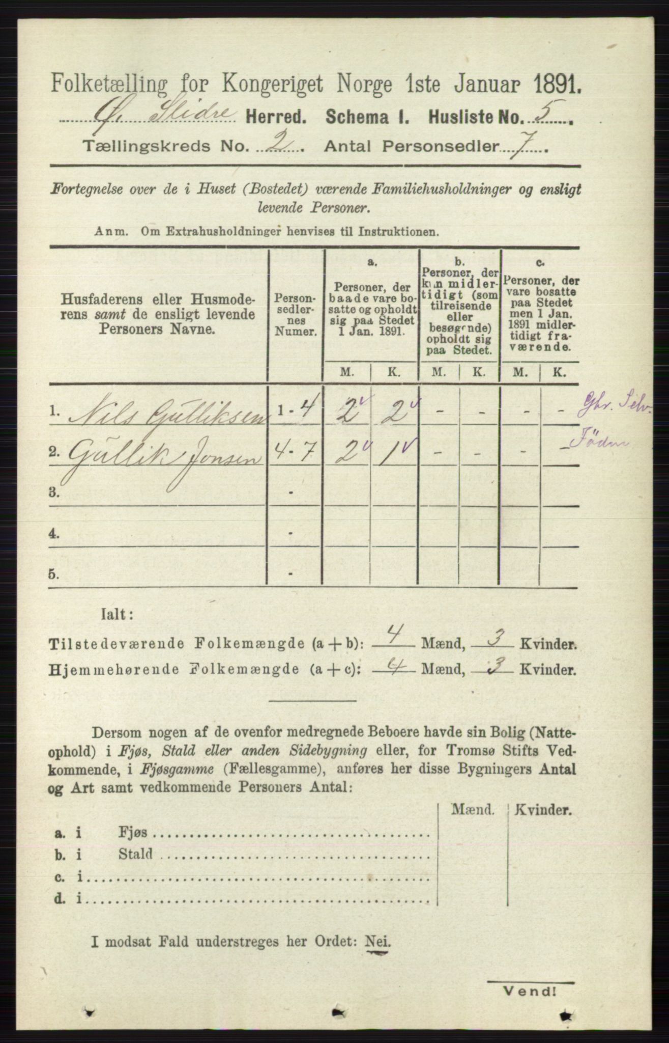 RA, 1891 census for 0544 Øystre Slidre, 1891, p. 224