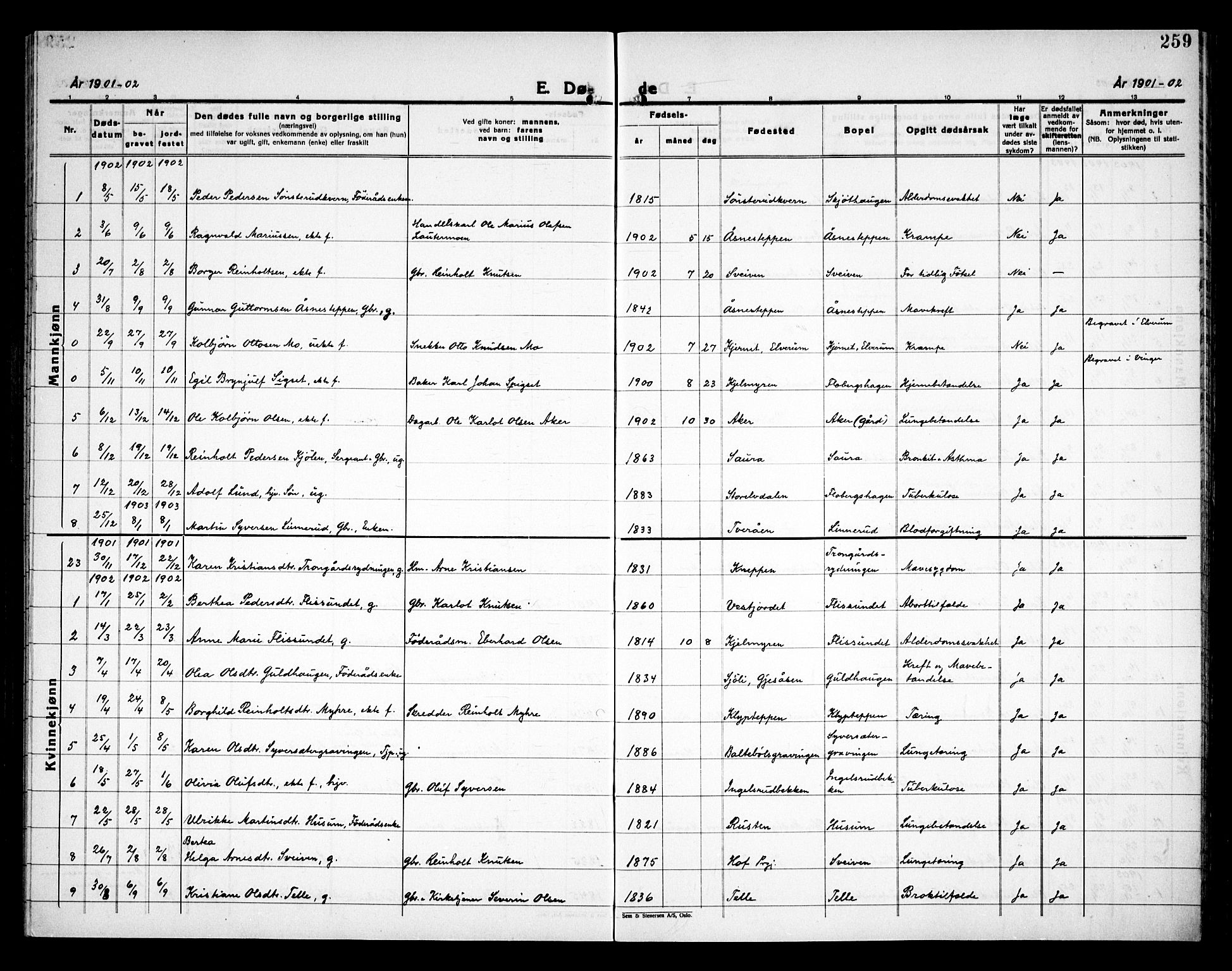 Åsnes prestekontor, SAH/PREST-042/H/Ha/Haa/L0000C: Parish register (official) no. 0A, 1890-1929, p. 259