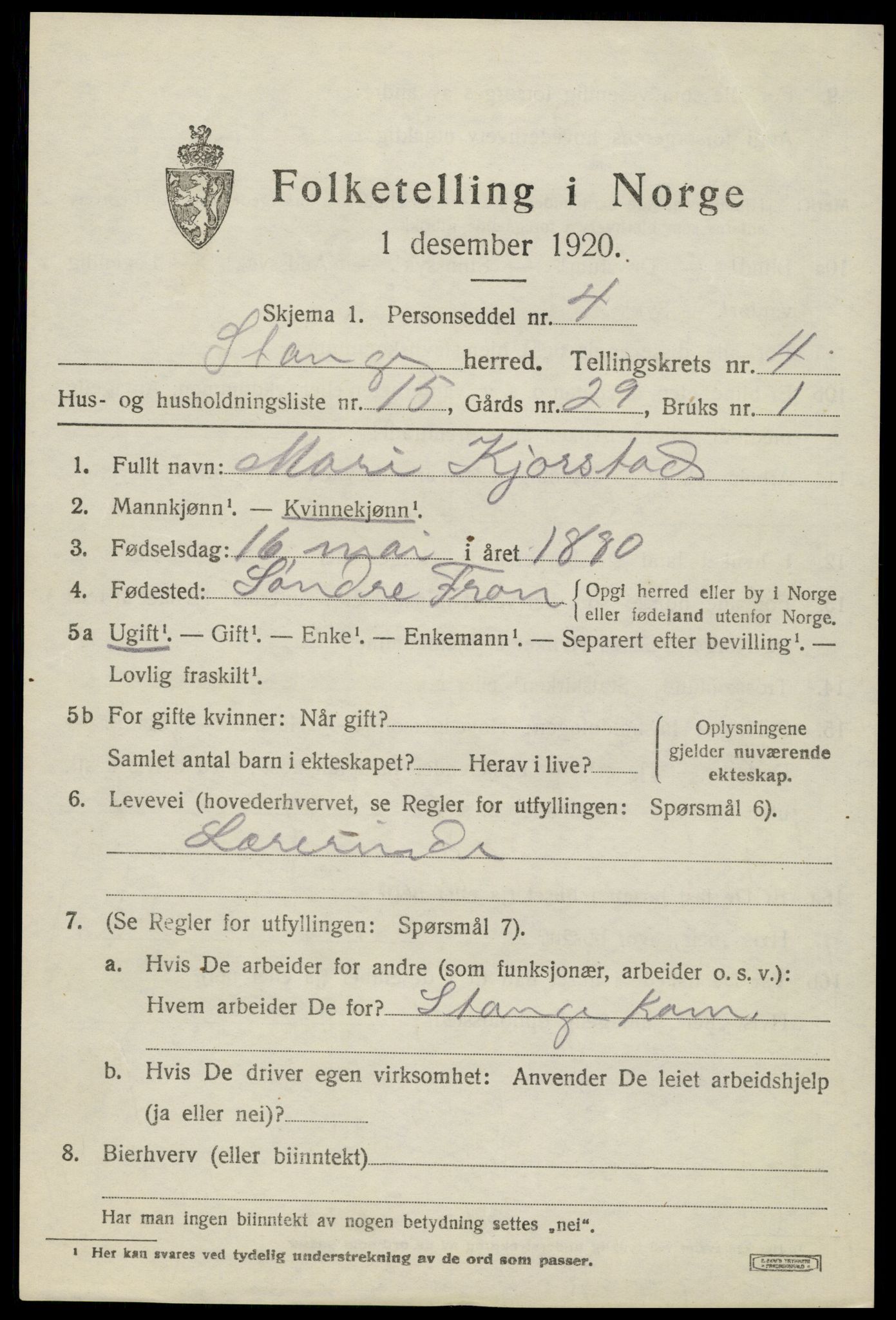 SAH, 1920 census for Stange, 1920, p. 6805