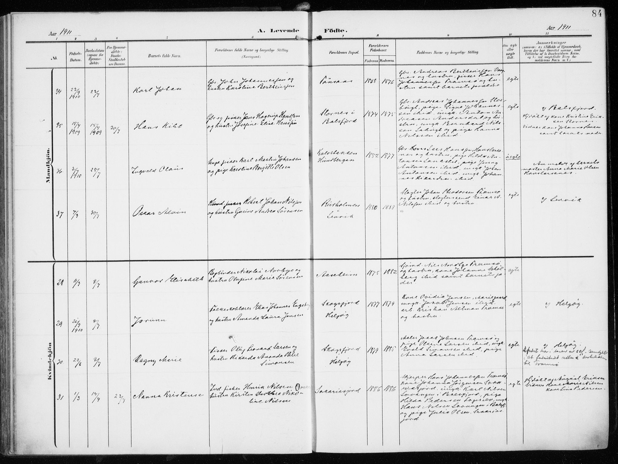 Tromsøysund sokneprestkontor, AV/SATØ-S-1304/G/Ga/L0007kirke: Parish register (official) no. 7, 1907-1914, p. 84