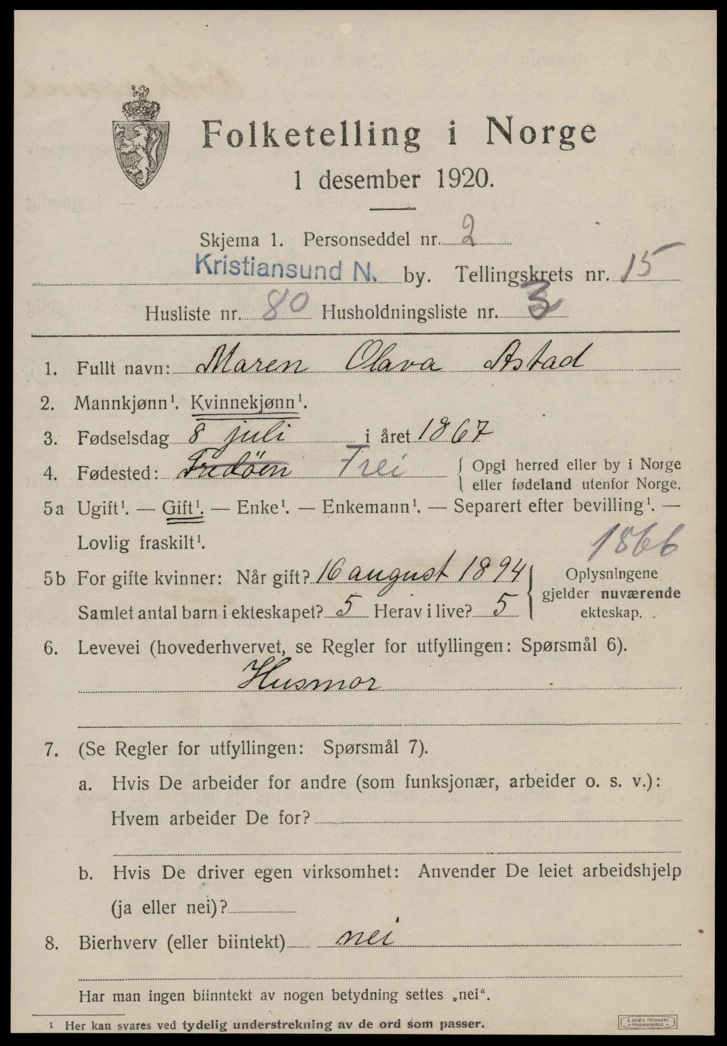 SAT, 1920 census for Kristiansund, 1920, p. 32717