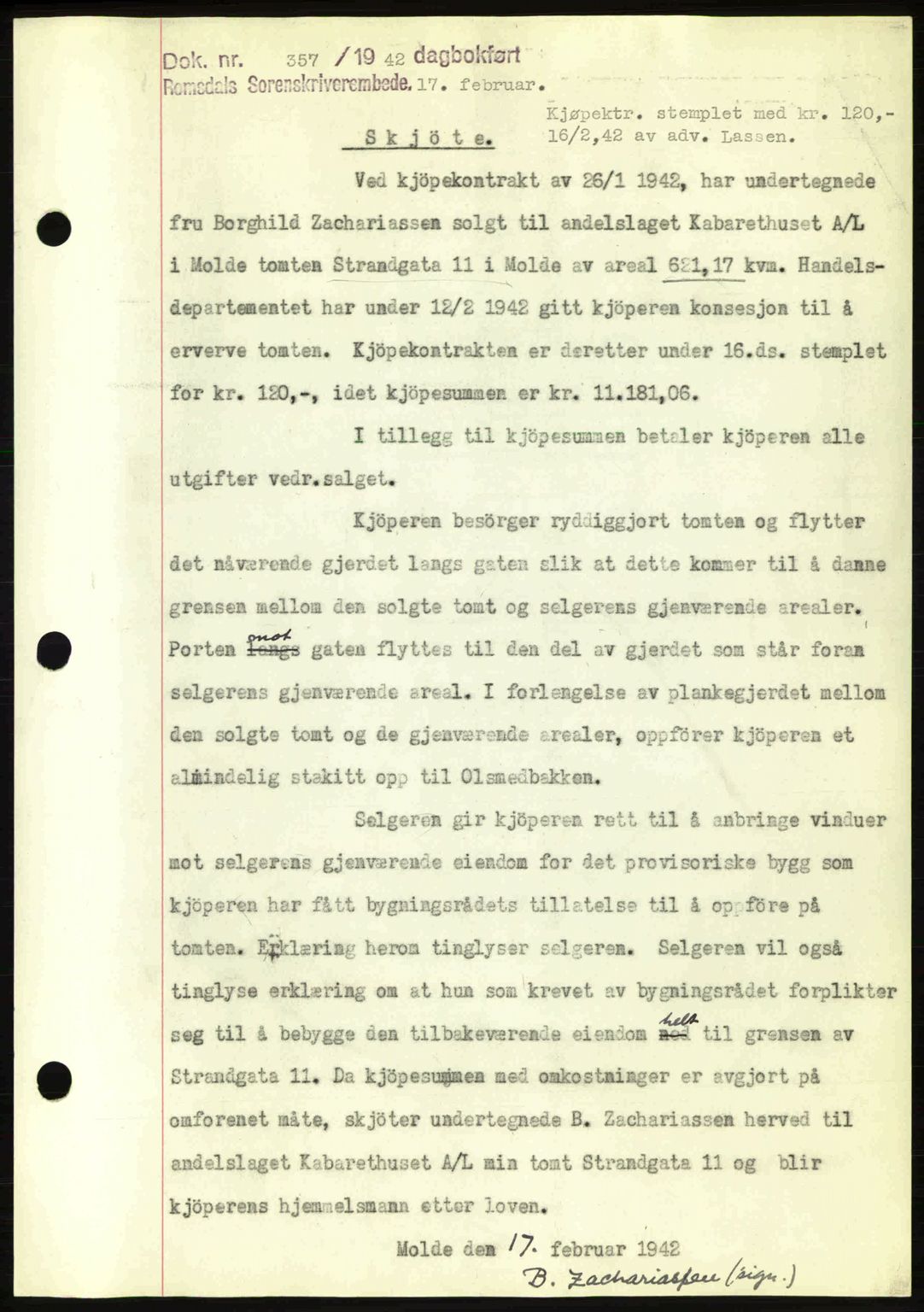 Romsdal sorenskriveri, AV/SAT-A-4149/1/2/2C: Mortgage book no. A11, 1941-1942, Diary no: : 357/1942