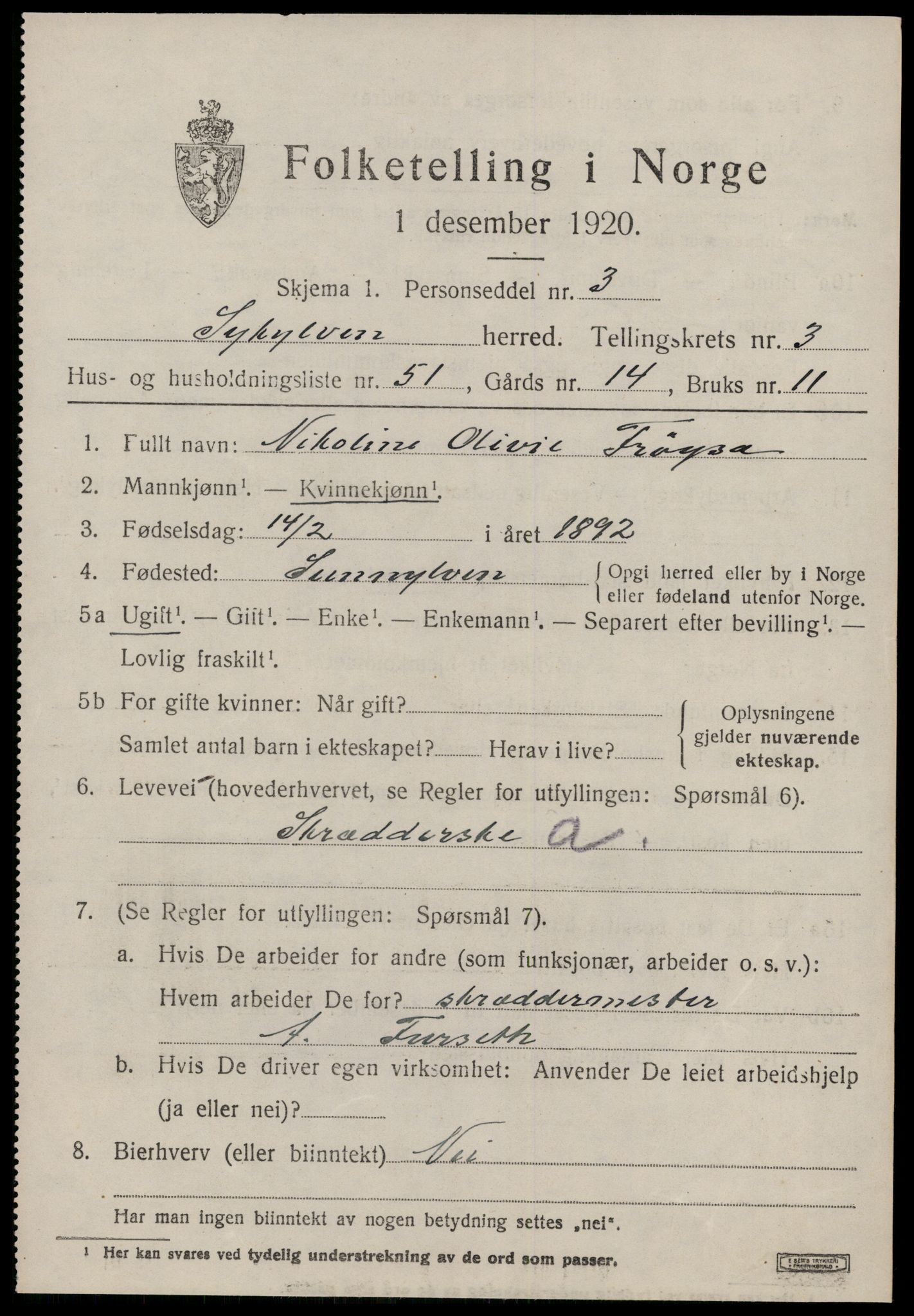 SAT, 1920 census for Sykkylven, 1920, p. 2729