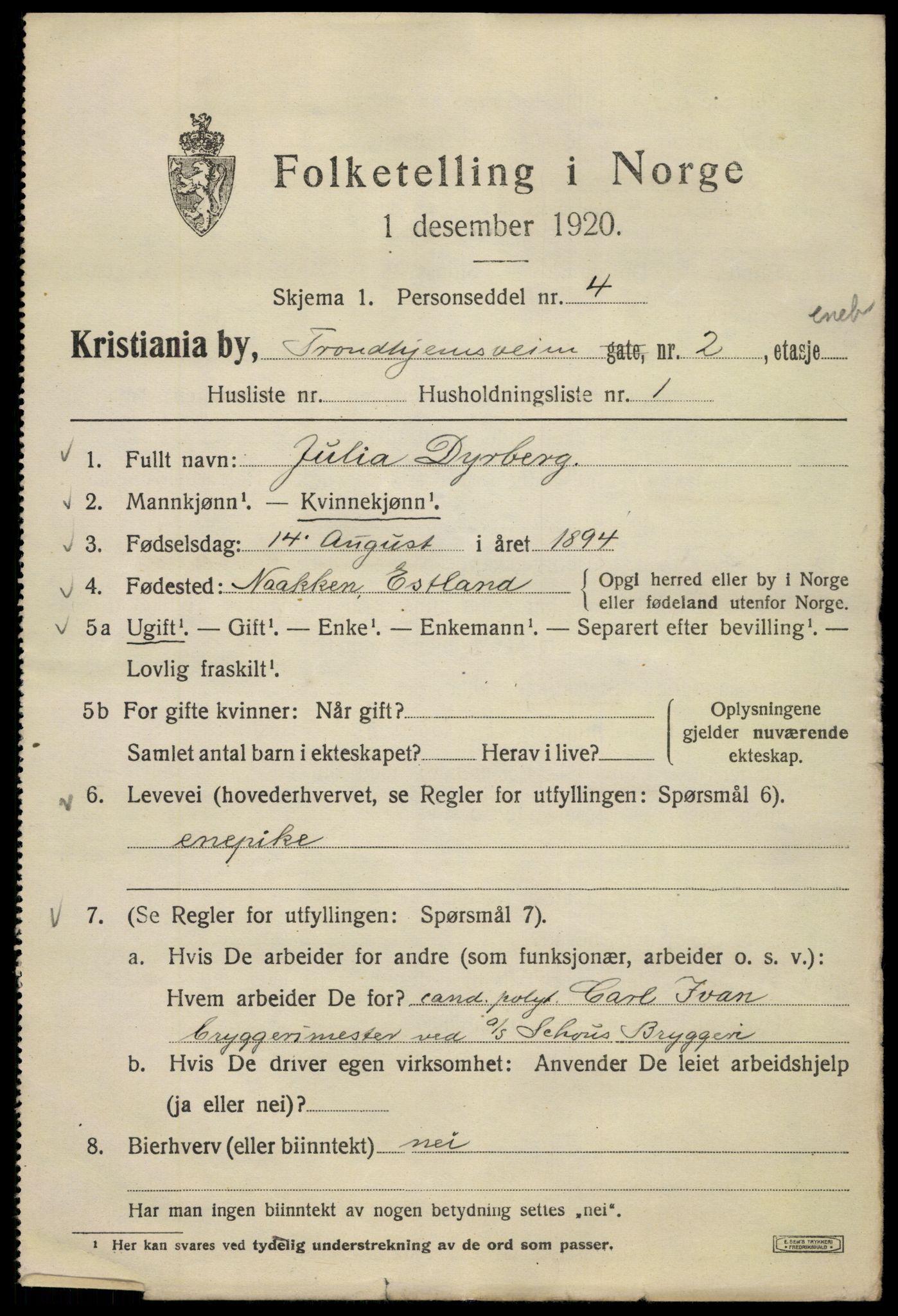 SAO, 1920 census for Kristiania, 1920, p. 598383