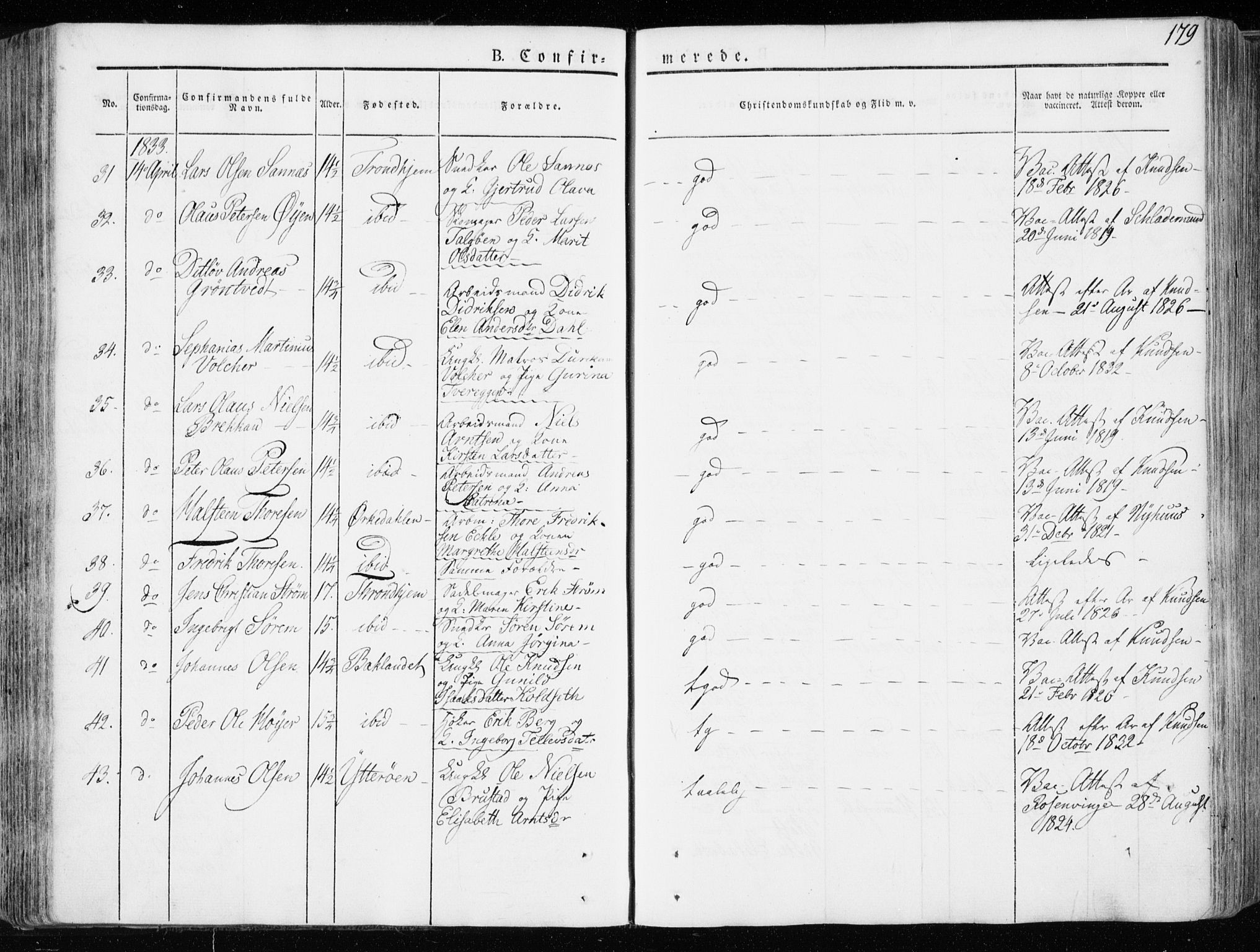 Ministerialprotokoller, klokkerbøker og fødselsregistre - Sør-Trøndelag, AV/SAT-A-1456/601/L0047: Parish register (official) no. 601A15, 1831-1839, p. 179