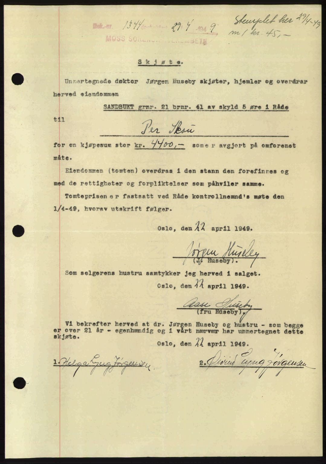 Moss sorenskriveri, AV/SAO-A-10168: Mortgage book no. A22, 1949-1949, Diary no: : 1344/1949