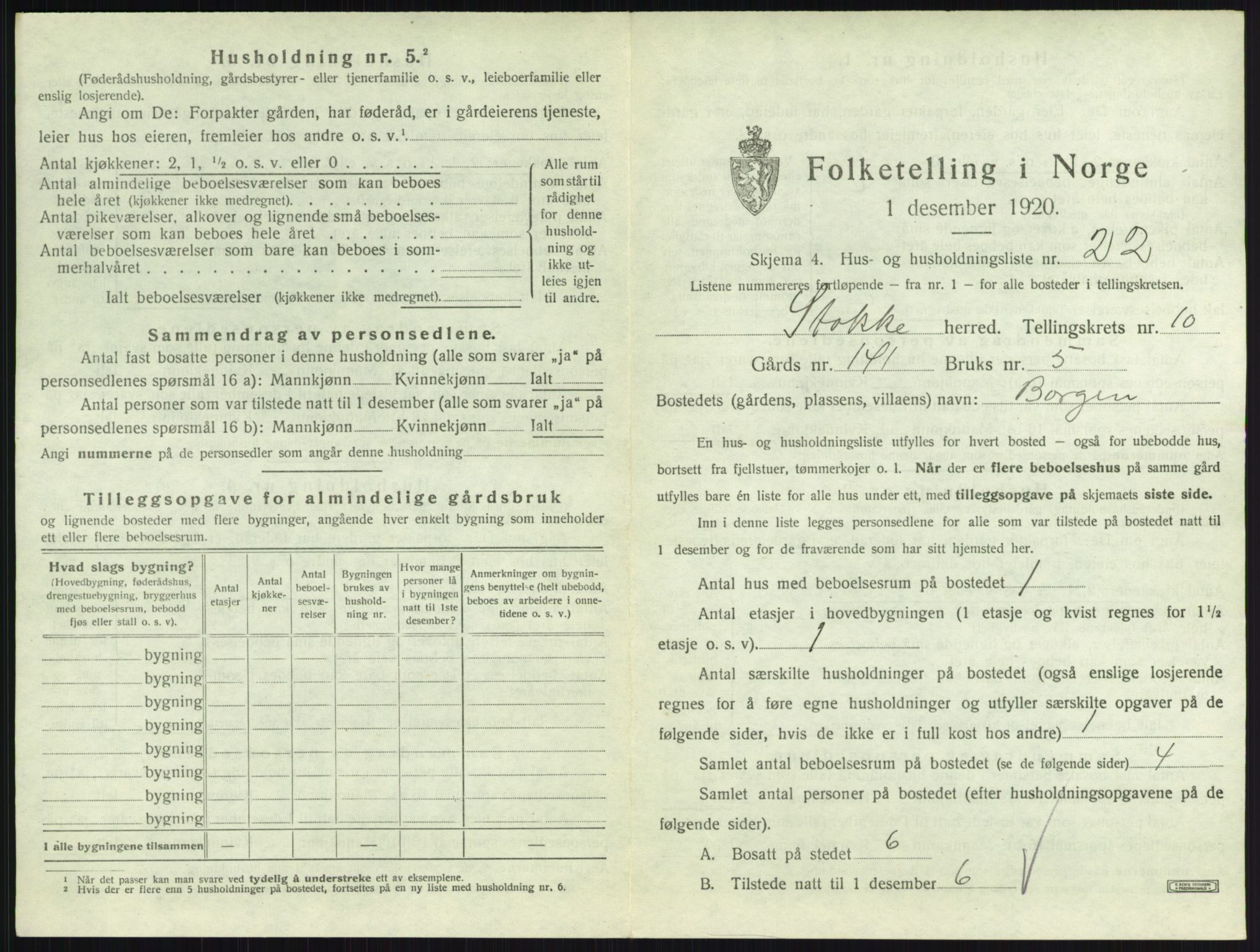 SAKO, 1920 census for Stokke, 1920, p. 1862