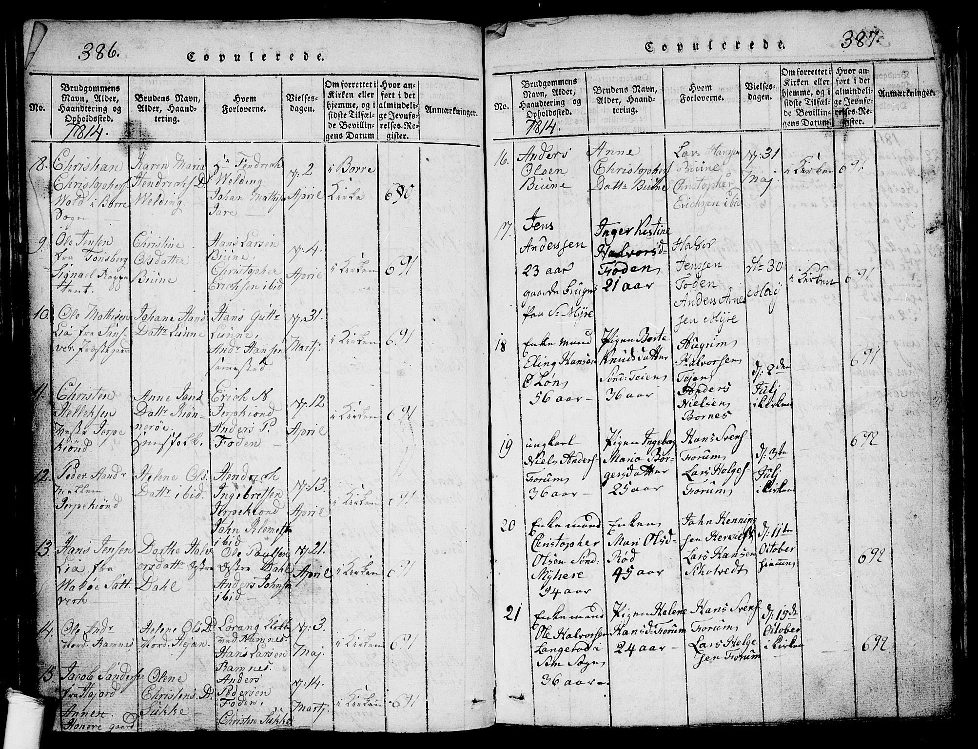 Ramnes kirkebøker, SAKO/A-314/G/Ga/L0001: Parish register (copy) no. I 1, 1813-1847, p. 386-387