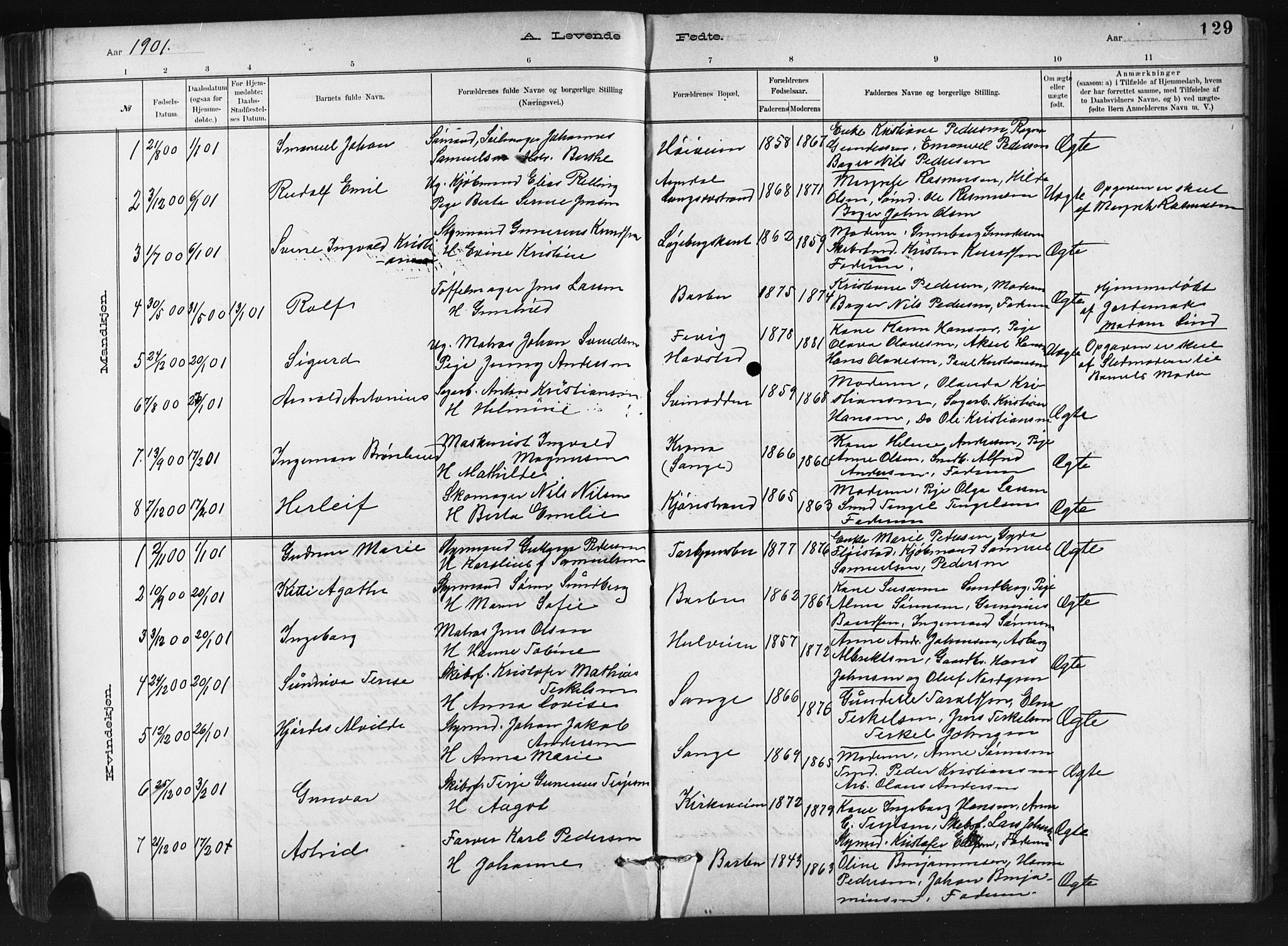 Barbu sokneprestkontor, AV/SAK-1111-0003/F/Fb/L0002: Parish register (copy) no. B 2, 1890-1922, p. 129