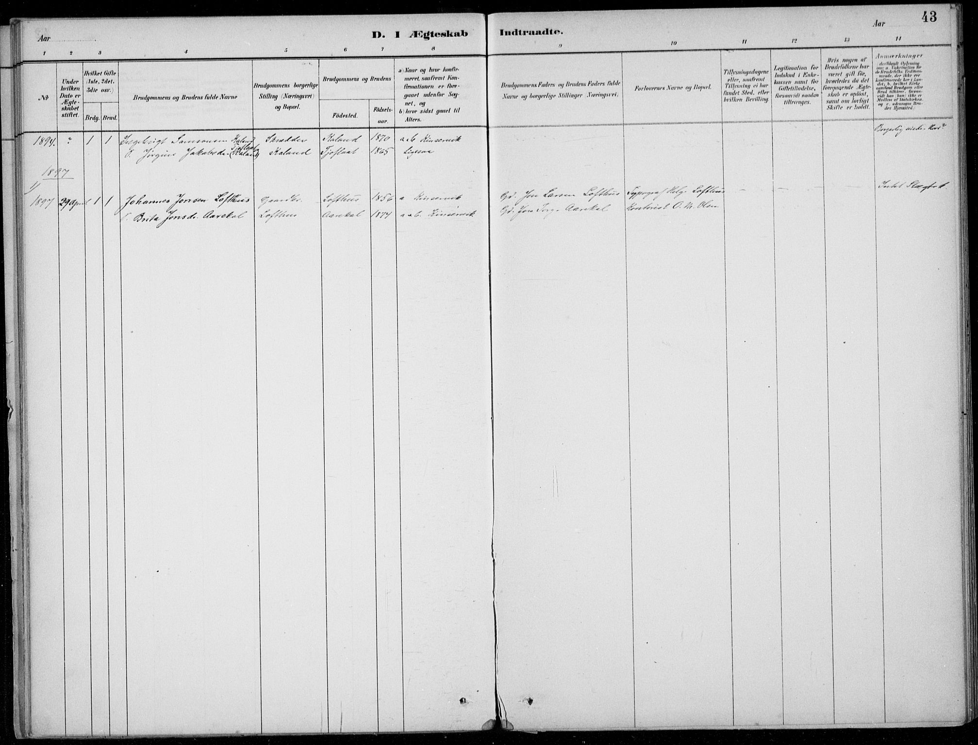 Ullensvang sokneprestembete, SAB/A-78701/H/Haa: Parish register (official) no. E  3, 1883-1916, p. 43