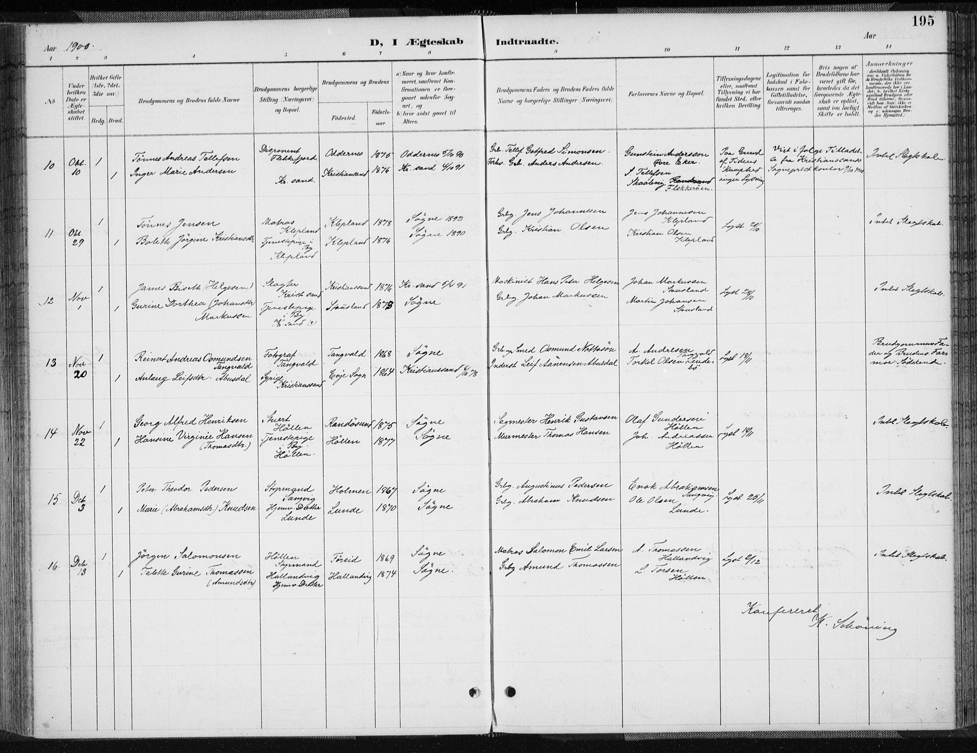 Søgne sokneprestkontor, SAK/1111-0037/F/Fa/Fab/L0013: Parish register (official) no. A 13, 1892-1911, p. 195