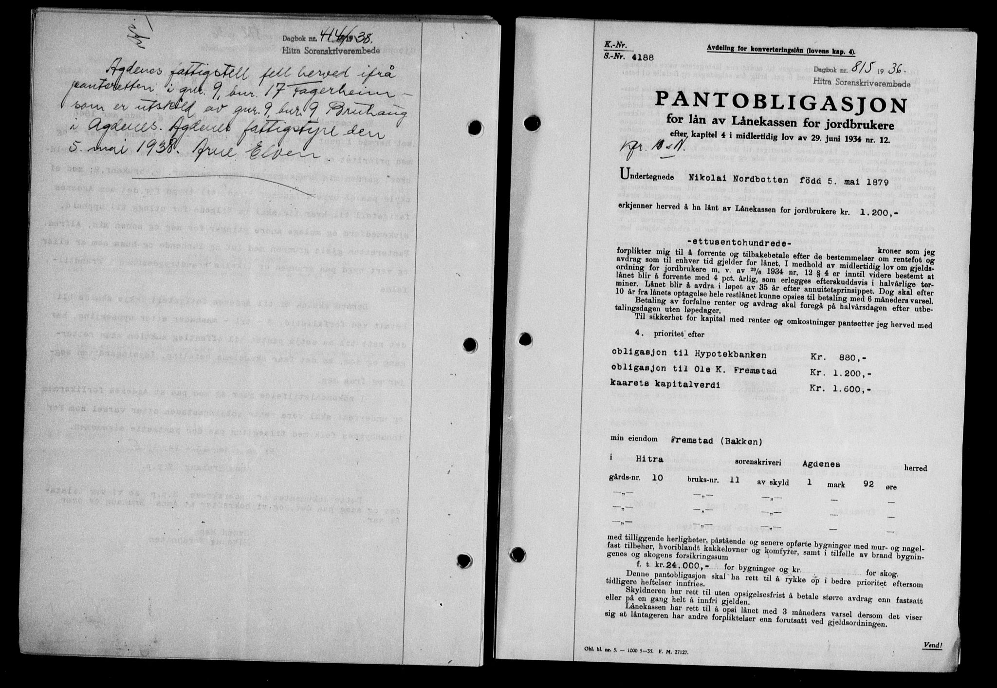 Hitra sorenskriveri, AV/SAT-A-0018/2/2C/2Ca/L0028: Mortgage book no. B-1, 1936-1939, Diary no: : 815/1936