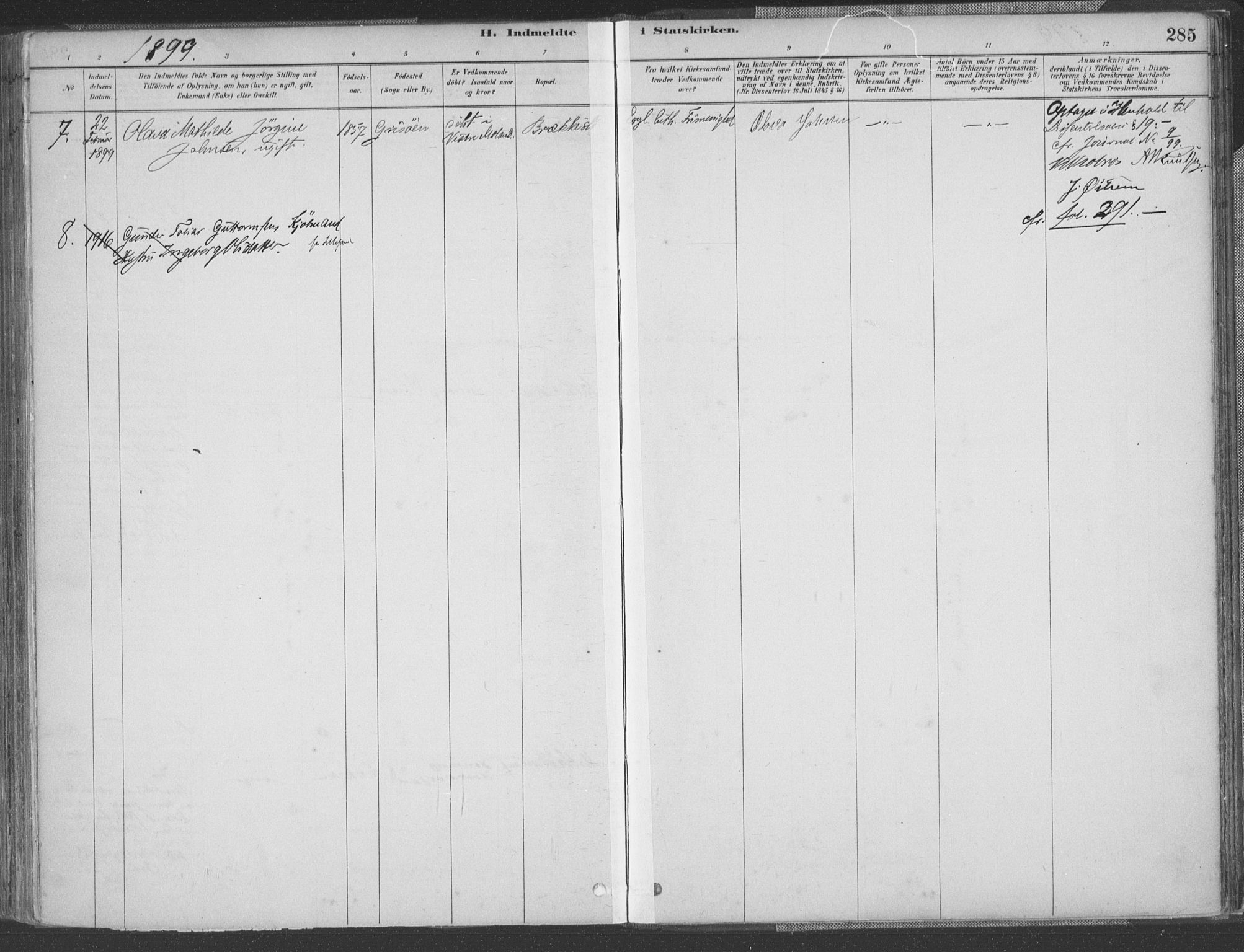 Vestre Moland sokneprestkontor, SAK/1111-0046/F/Fa/Fab/L0009: Parish register (official) no. A 9, 1884-1899, p. 285
