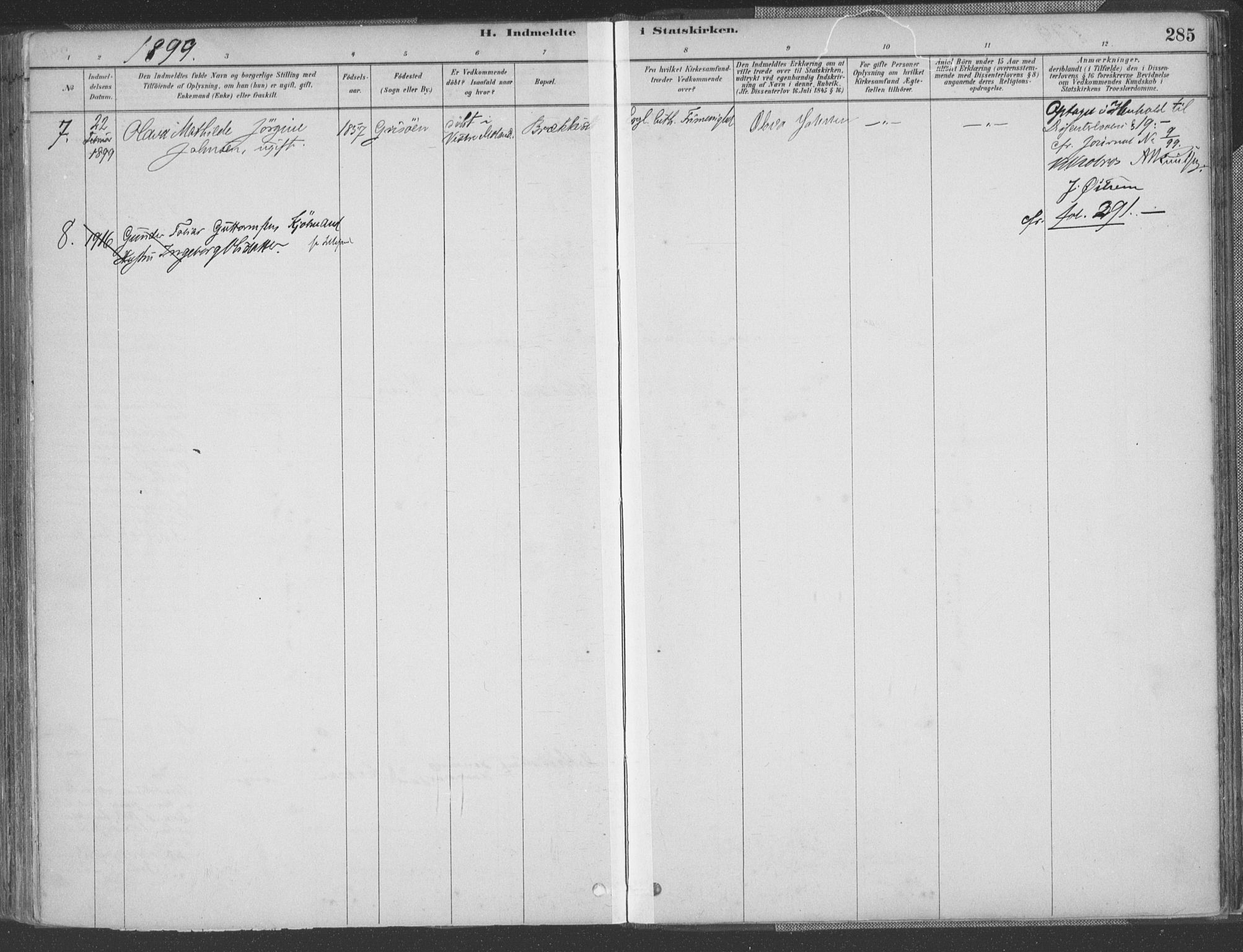 Vestre Moland sokneprestkontor, AV/SAK-1111-0046/F/Fa/Fab/L0009: Parish register (official) no. A 9, 1884-1899, p. 285