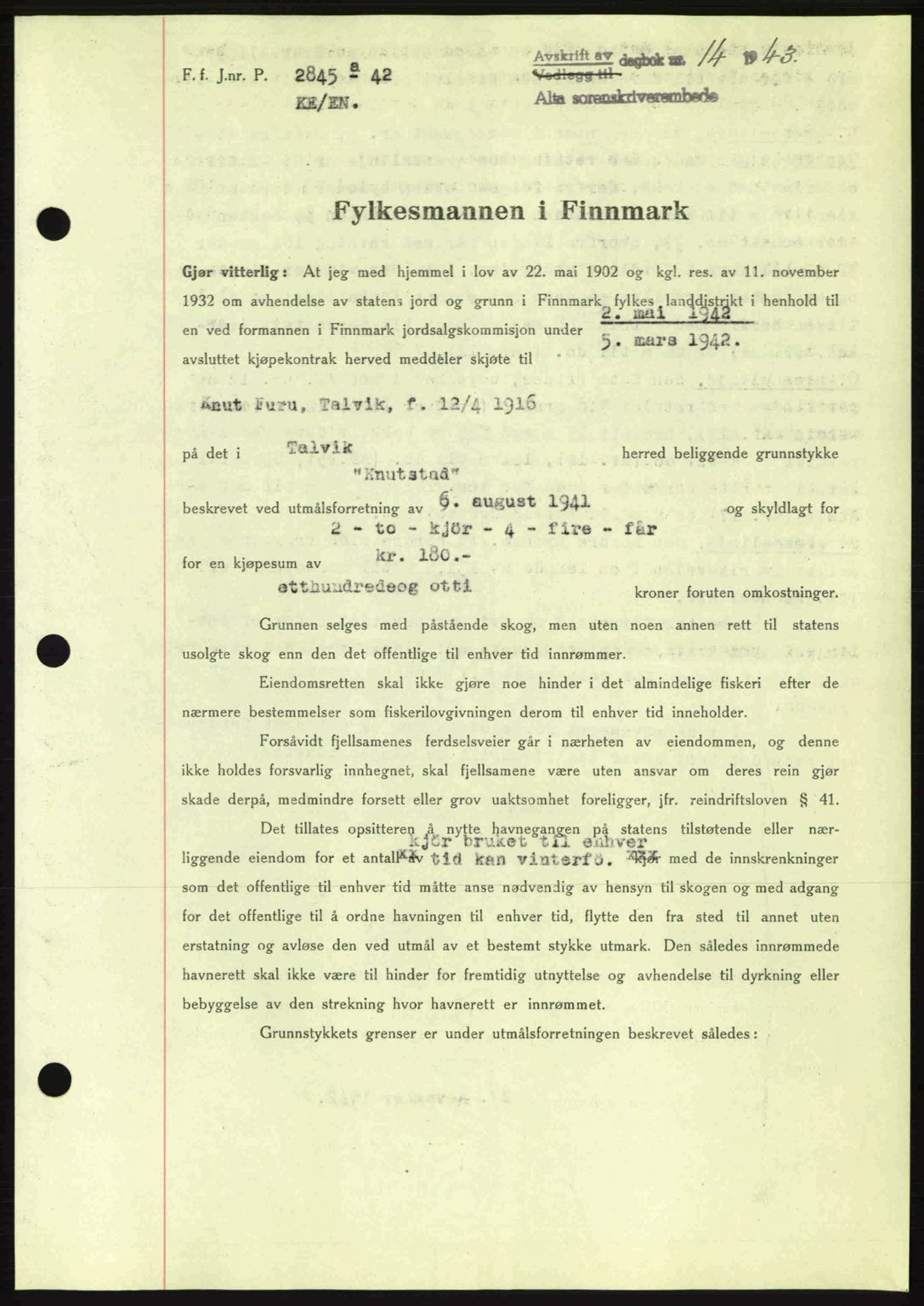 Alta fogderi/sorenskriveri, SATØ/SATØ-5/1/K/Kd/L0033pantebok: Mortgage book no. 33, 1940-1943, Diary no: : 14/1943