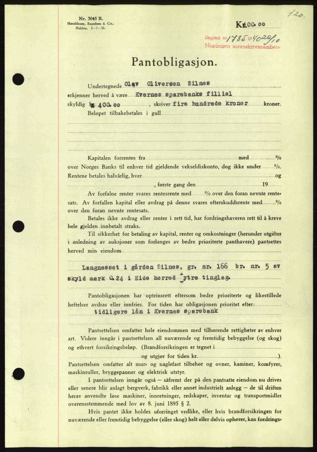 Nordmøre sorenskriveri, AV/SAT-A-4132/1/2/2Ca: Mortgage book no. B87, 1940-1941, Diary no: : 1785/1940