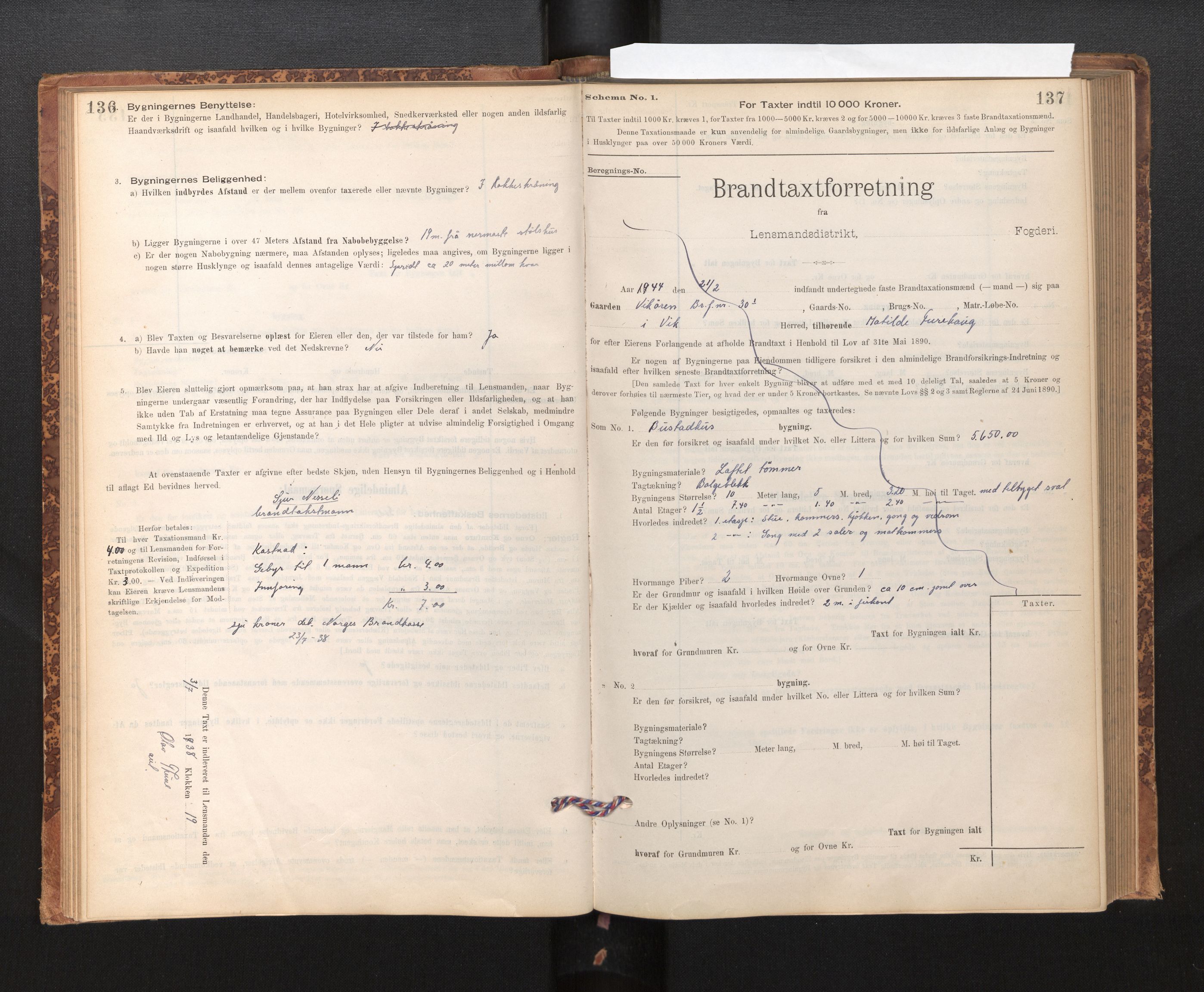 Lensmannen i Vik, SAB/A-30301/0012/L0006: Branntakstprotokoll, skjematakst, 1896-1949, p. 136-137