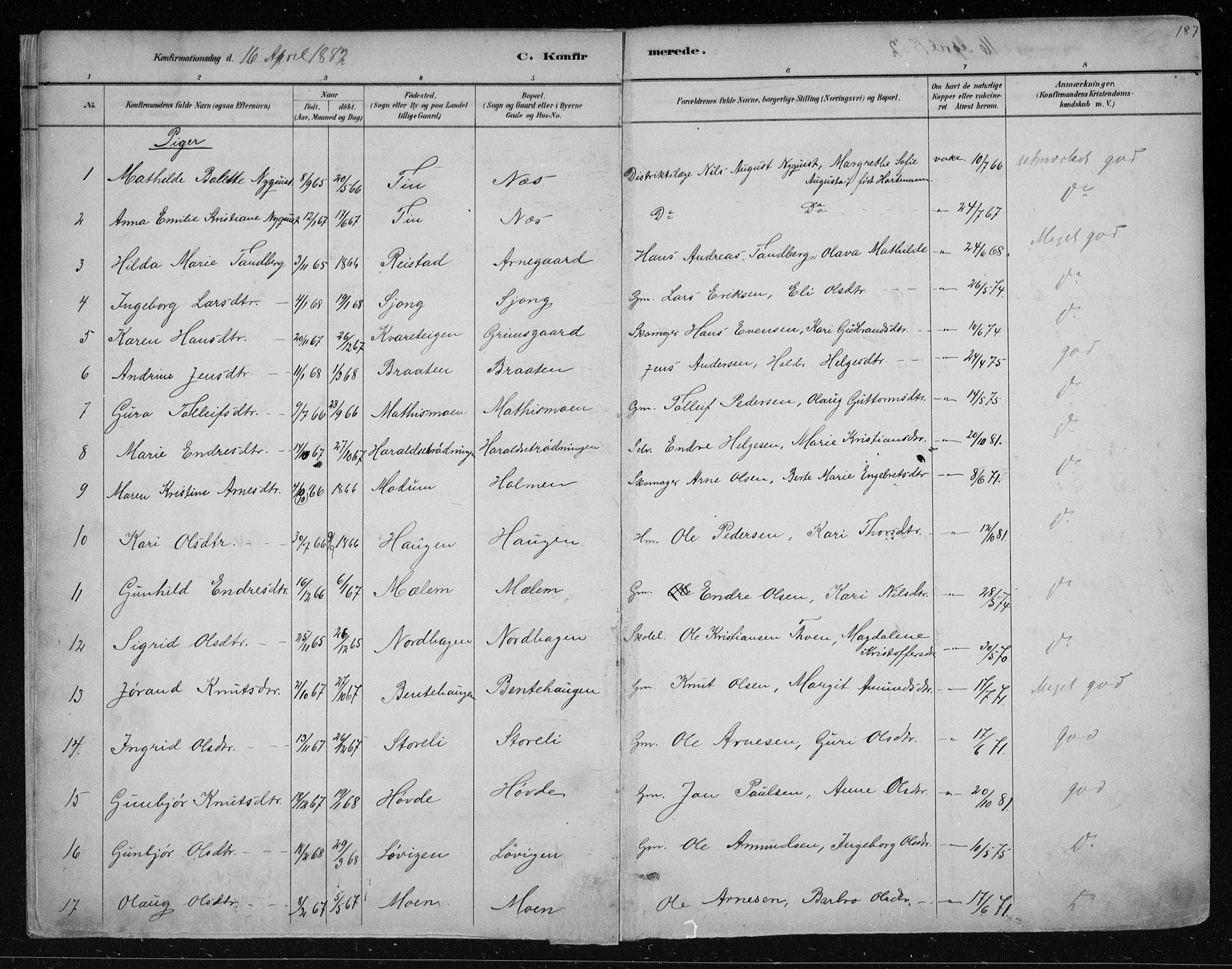 Nes kirkebøker, AV/SAKO-A-236/F/Fa/L0011: Parish register (official) no. 11, 1881-1912, p. 187