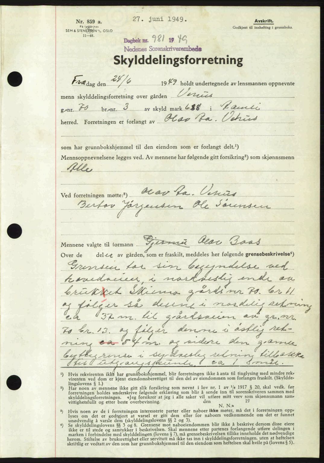 Nedenes sorenskriveri, AV/SAK-1221-0006/G/Gb/Gba/L0060: Mortgage book no. A12, 1948-1949, Diary no: : 981/1949