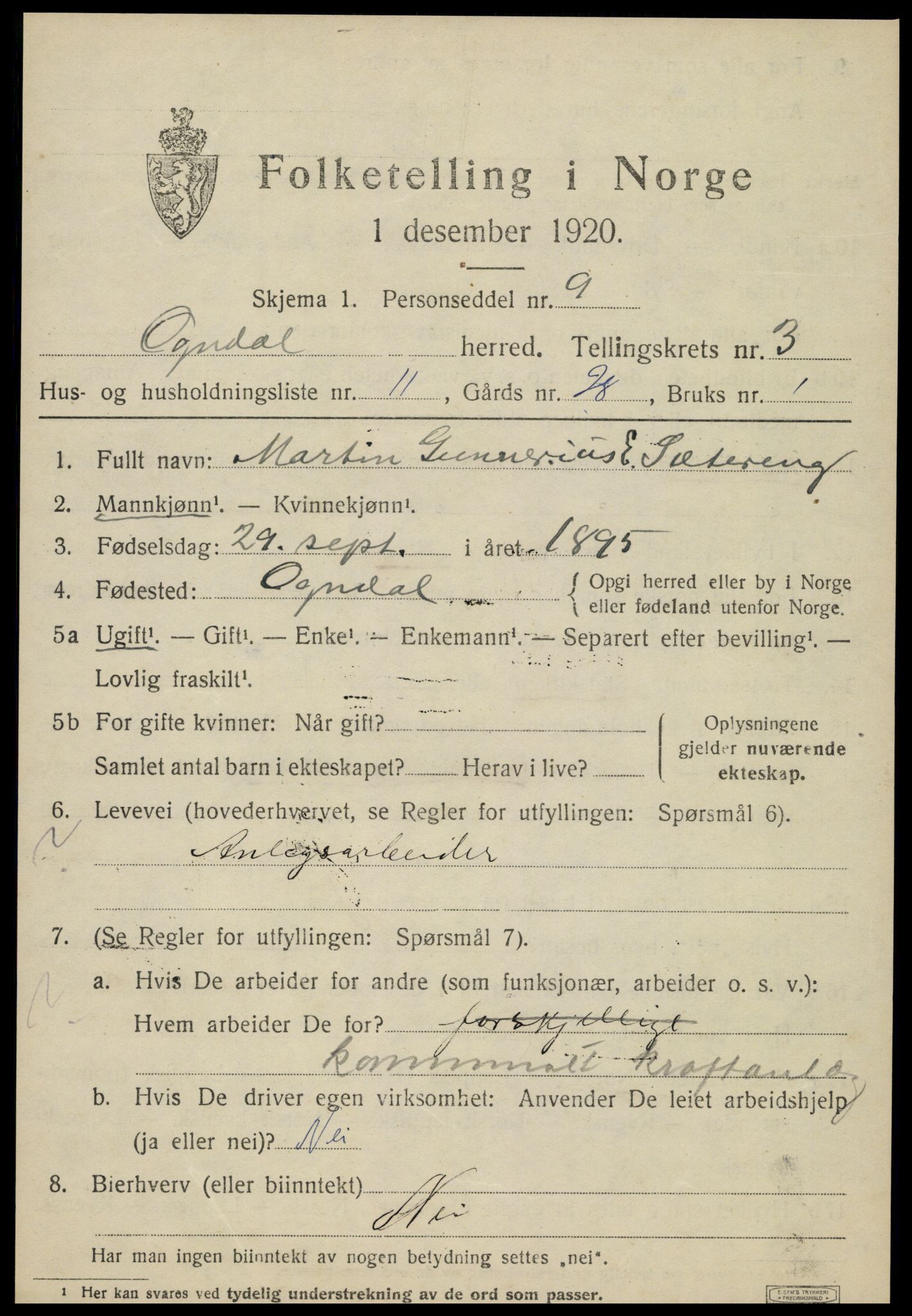 SAT, 1920 census for Ogndal, 1920, p. 1321