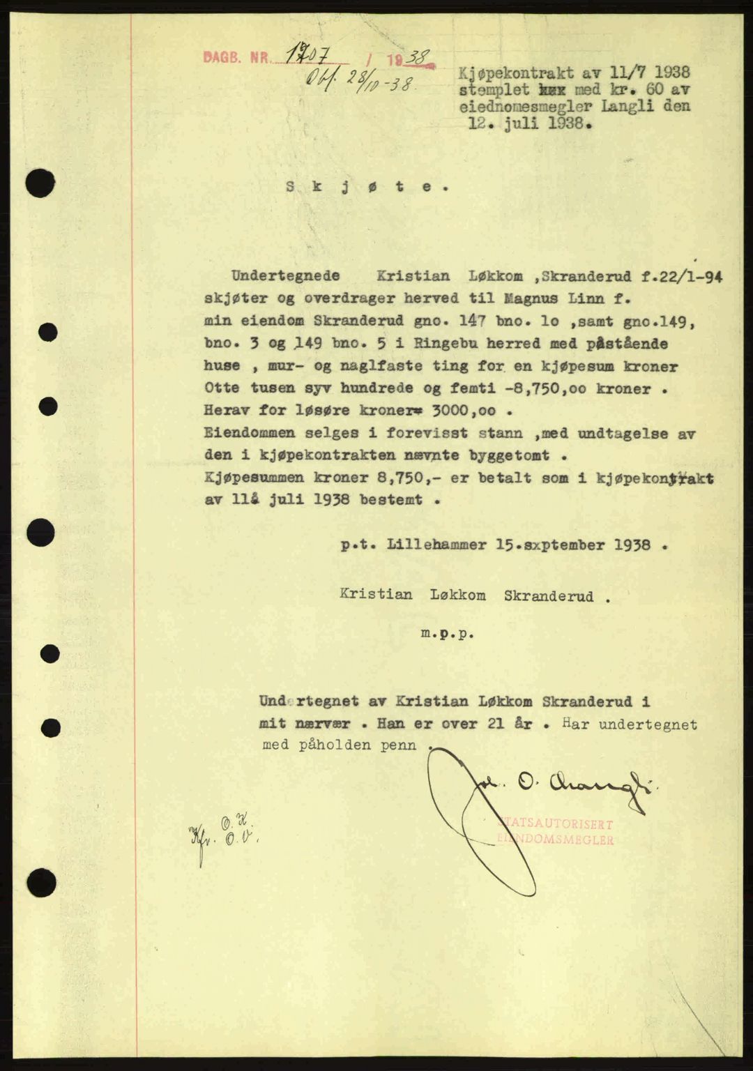 Sør-Gudbrandsdal tingrett, SAH/TING-004/H/Hb/Hbd/L0005: Mortgage book no. A5, 1938-1939, Diary no: : 1707/1938
