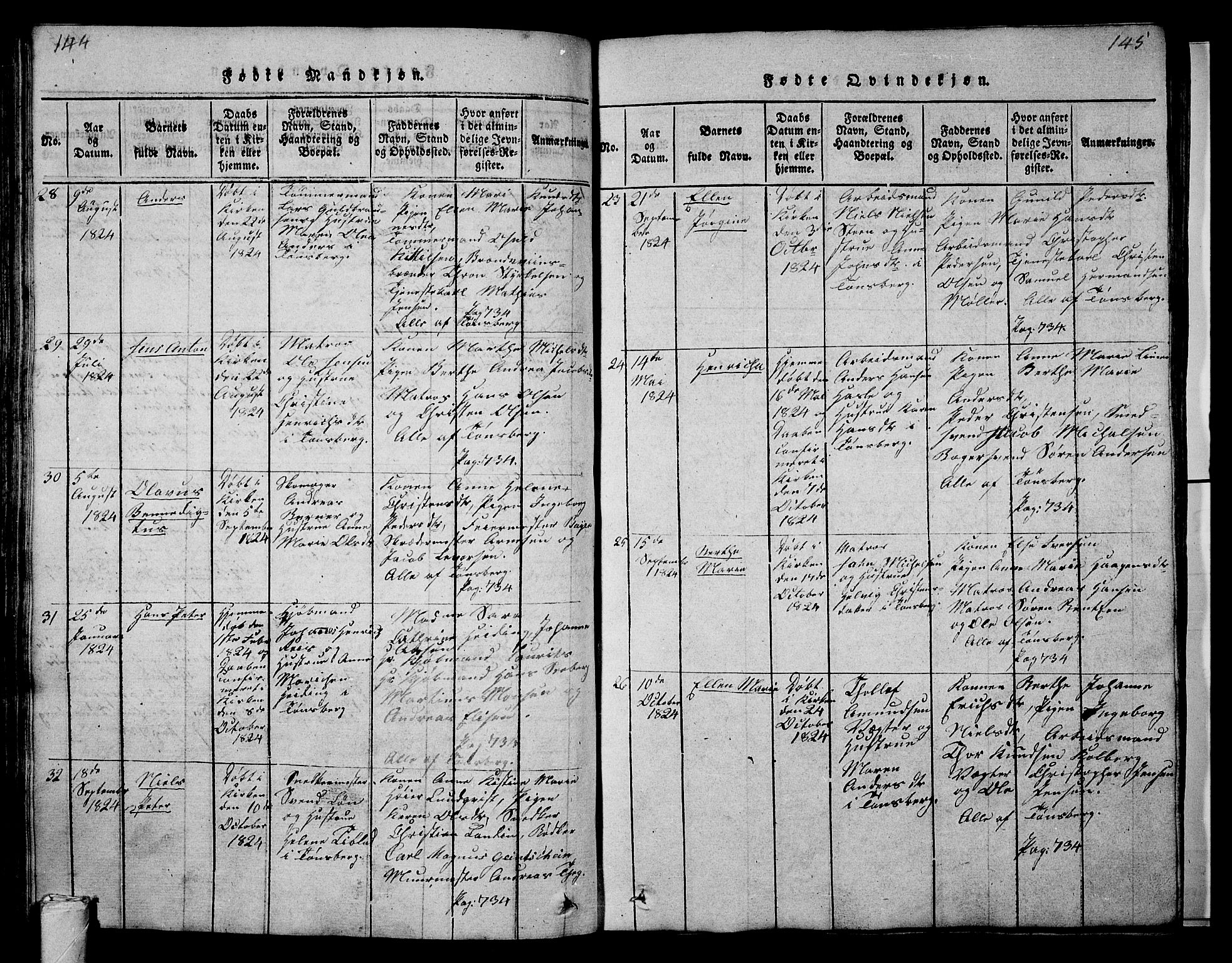 Tønsberg kirkebøker, AV/SAKO-A-330/G/Ga/L0001: Parish register (copy) no. 1, 1813-1826, p. 144-145