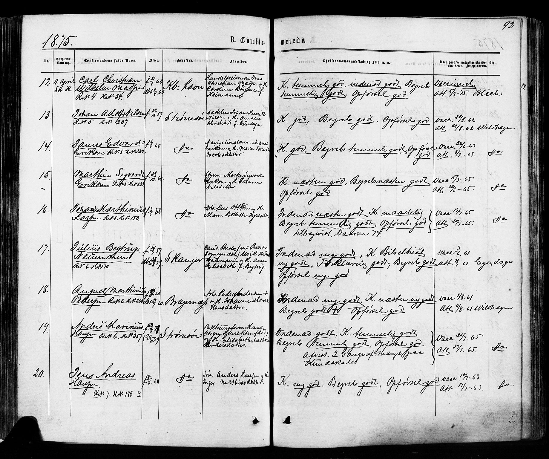 Strømsø kirkebøker, AV/SAKO-A-246/F/Fa/L0018: Parish register (official) no. I 18, 1865-1878, p. 92