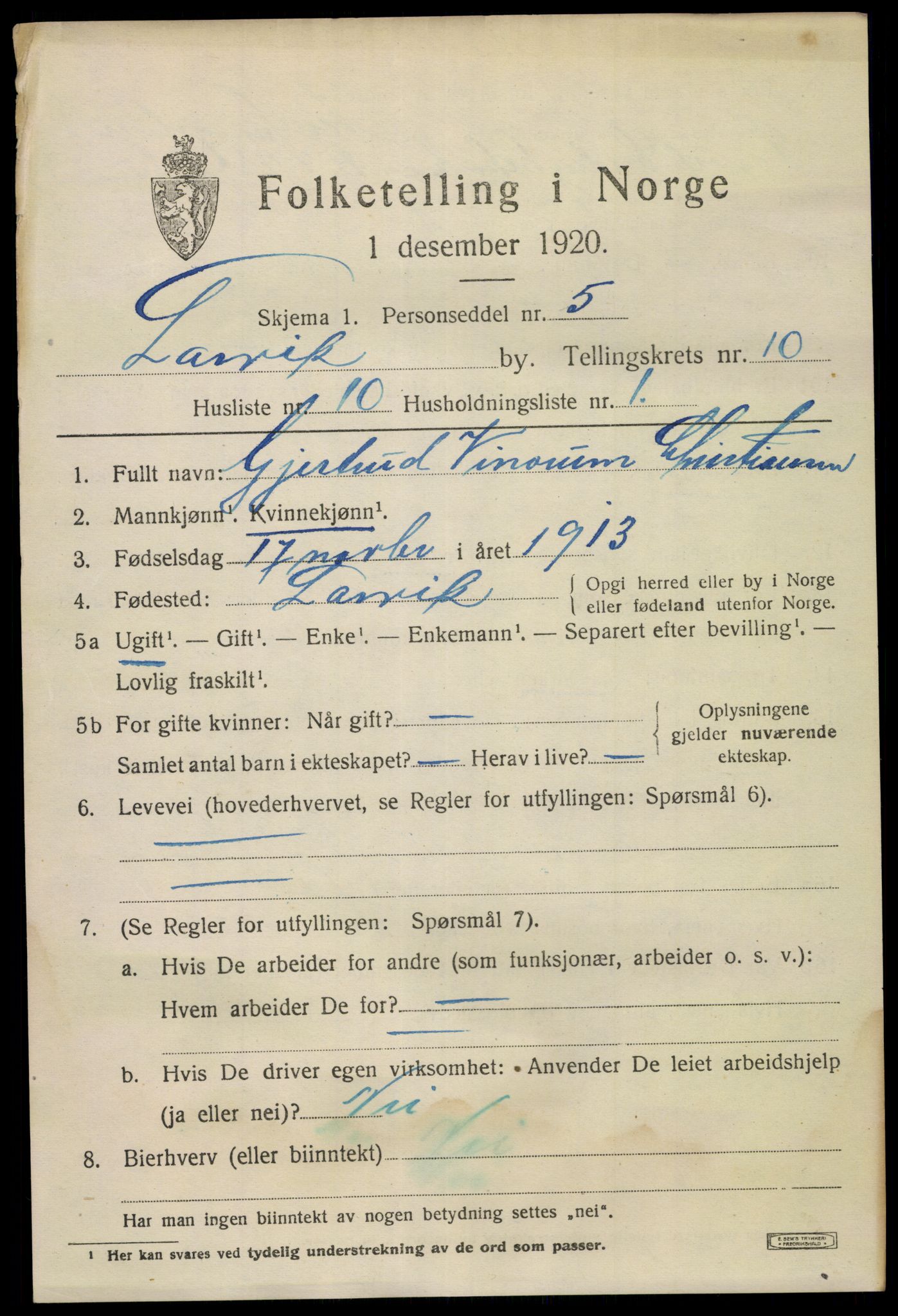 SAKO, 1920 census for Larvik, 1920, p. 26824