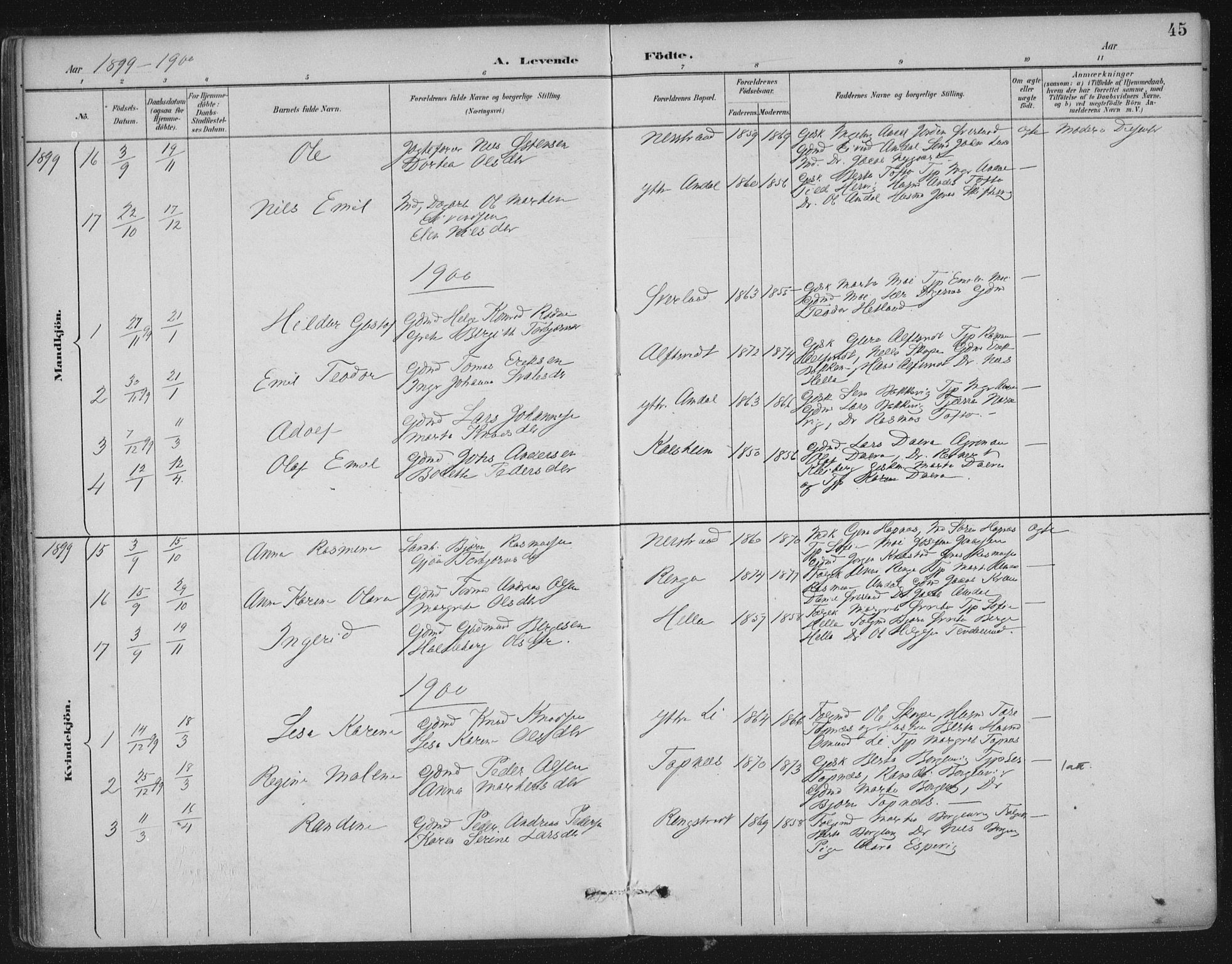 Nedstrand sokneprestkontor, SAST/A-101841/01/IV: Parish register (official) no. A 12, 1887-1915, p. 45