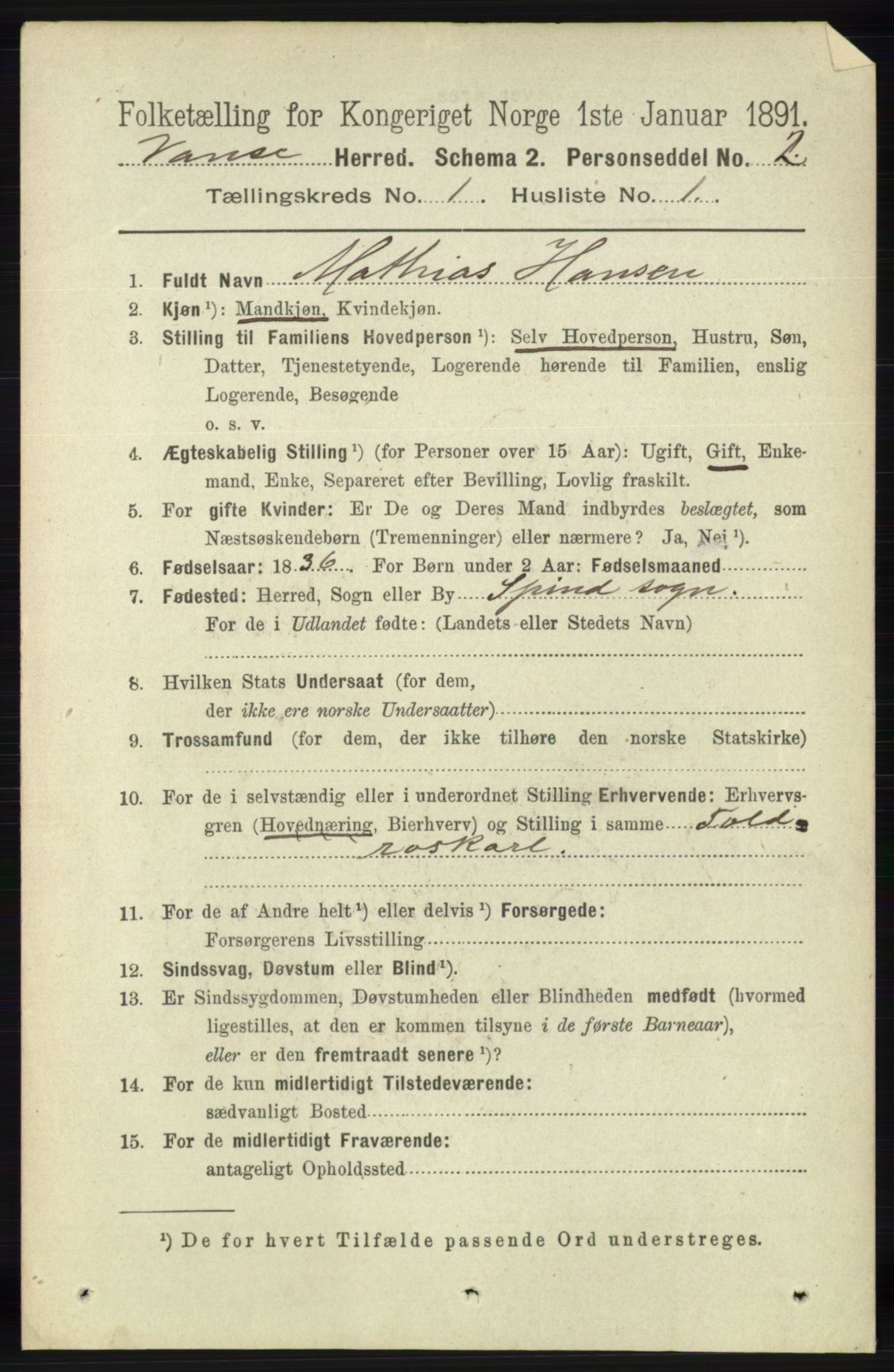 RA, 1891 census for 1041 Vanse, 1891, p. 130