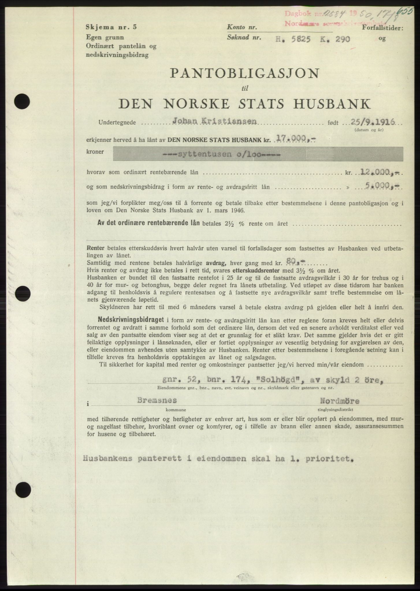 Nordmøre sorenskriveri, AV/SAT-A-4132/1/2/2Ca: Mortgage book no. B105, 1950-1950, Diary no: : 2584/1950