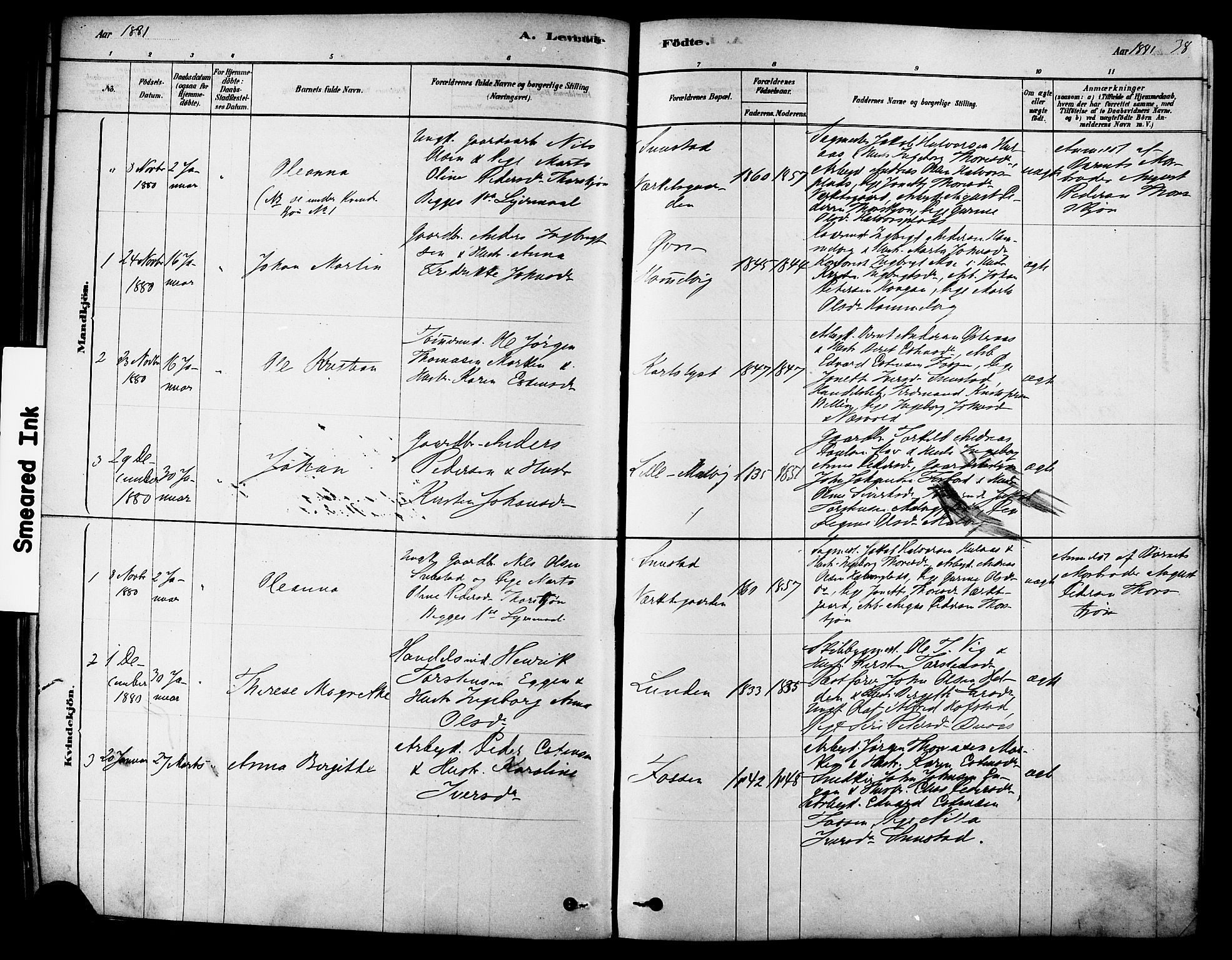 Ministerialprotokoller, klokkerbøker og fødselsregistre - Sør-Trøndelag, SAT/A-1456/616/L0410: Parish register (official) no. 616A07, 1878-1893, p. 38
