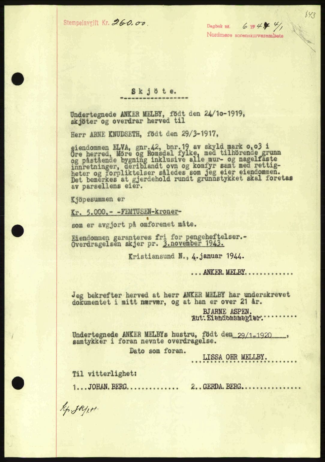 Nordmøre sorenskriveri, SAT/A-4132/1/2/2Ca: Mortgage book no. A96, 1943-1944, Diary no: : 6/1944
