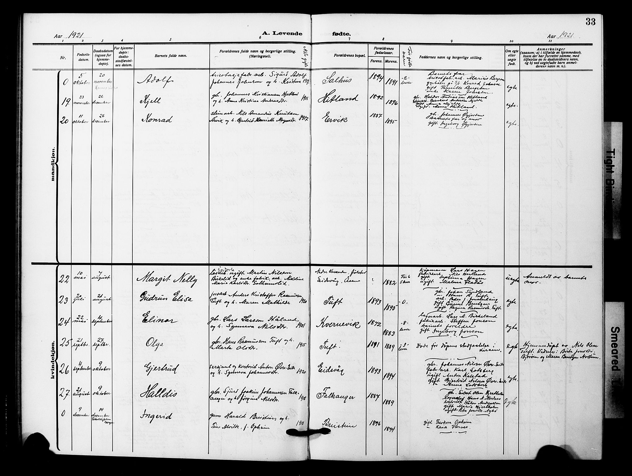 Åsane sokneprestembete, AV/SAB-A-79401/H/Hab: Parish register (copy) no. A 4, 1915-1927, p. 33