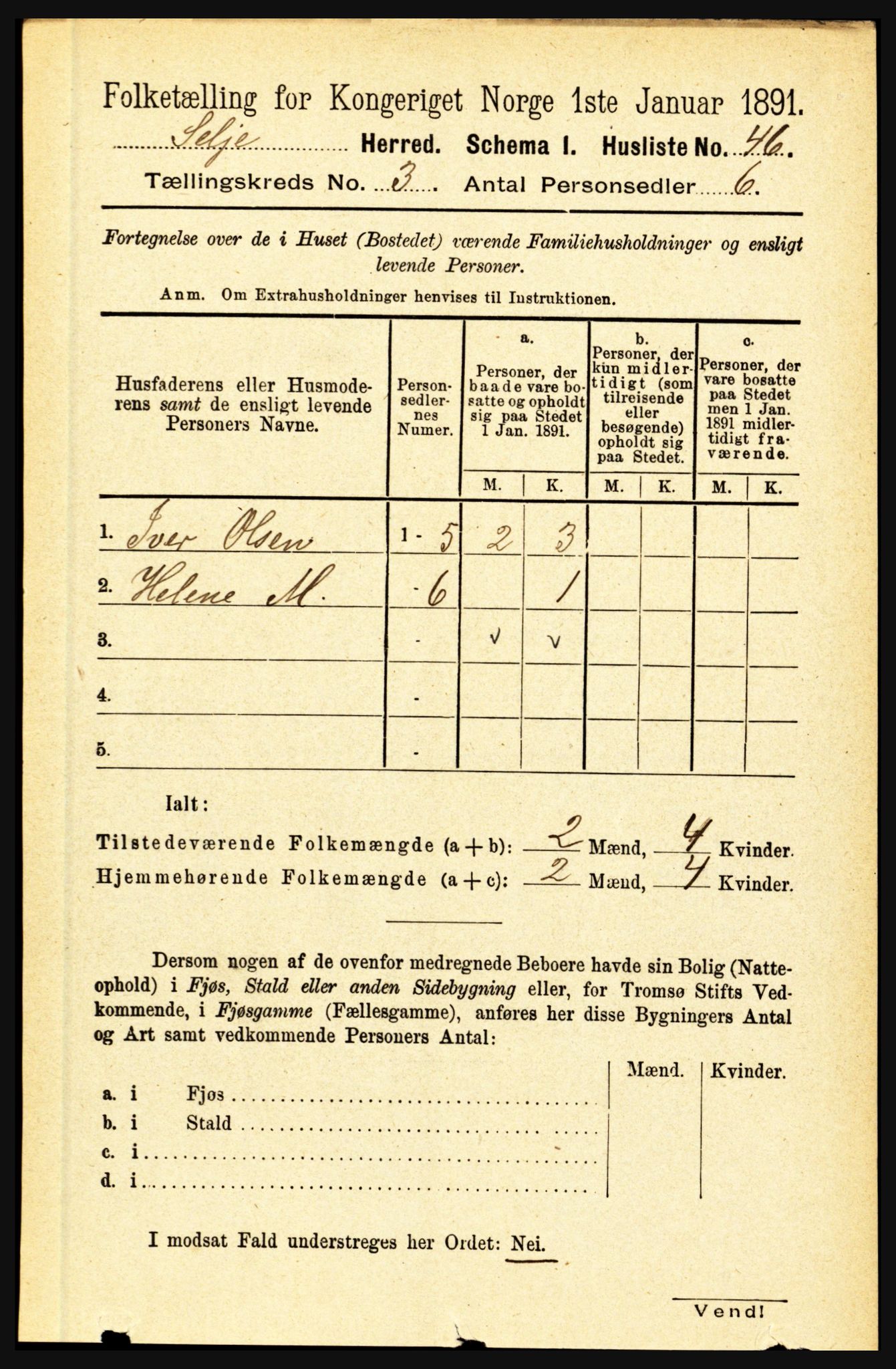 RA, 1891 census for 1441 Selje, 1891, p. 632