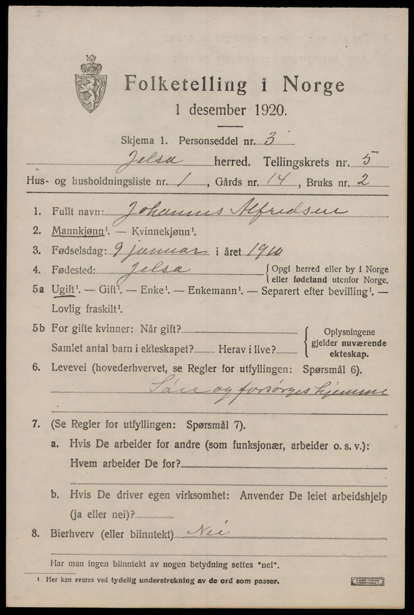 SAST, 1920 census for Jelsa, 1920, p. 1428