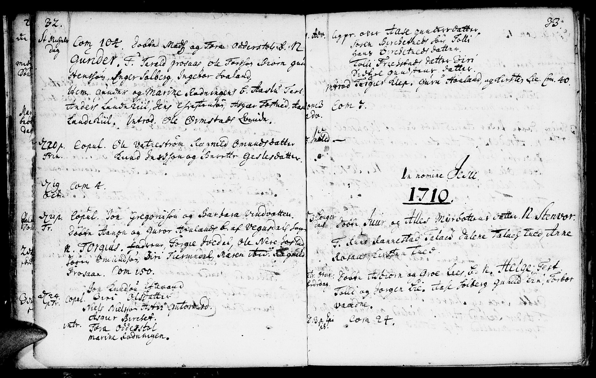 Evje sokneprestkontor, SAK/1111-0008/F/Fa/Fac/L0001: Parish register (official) no. A 1, 1705-1764, p. 32-33