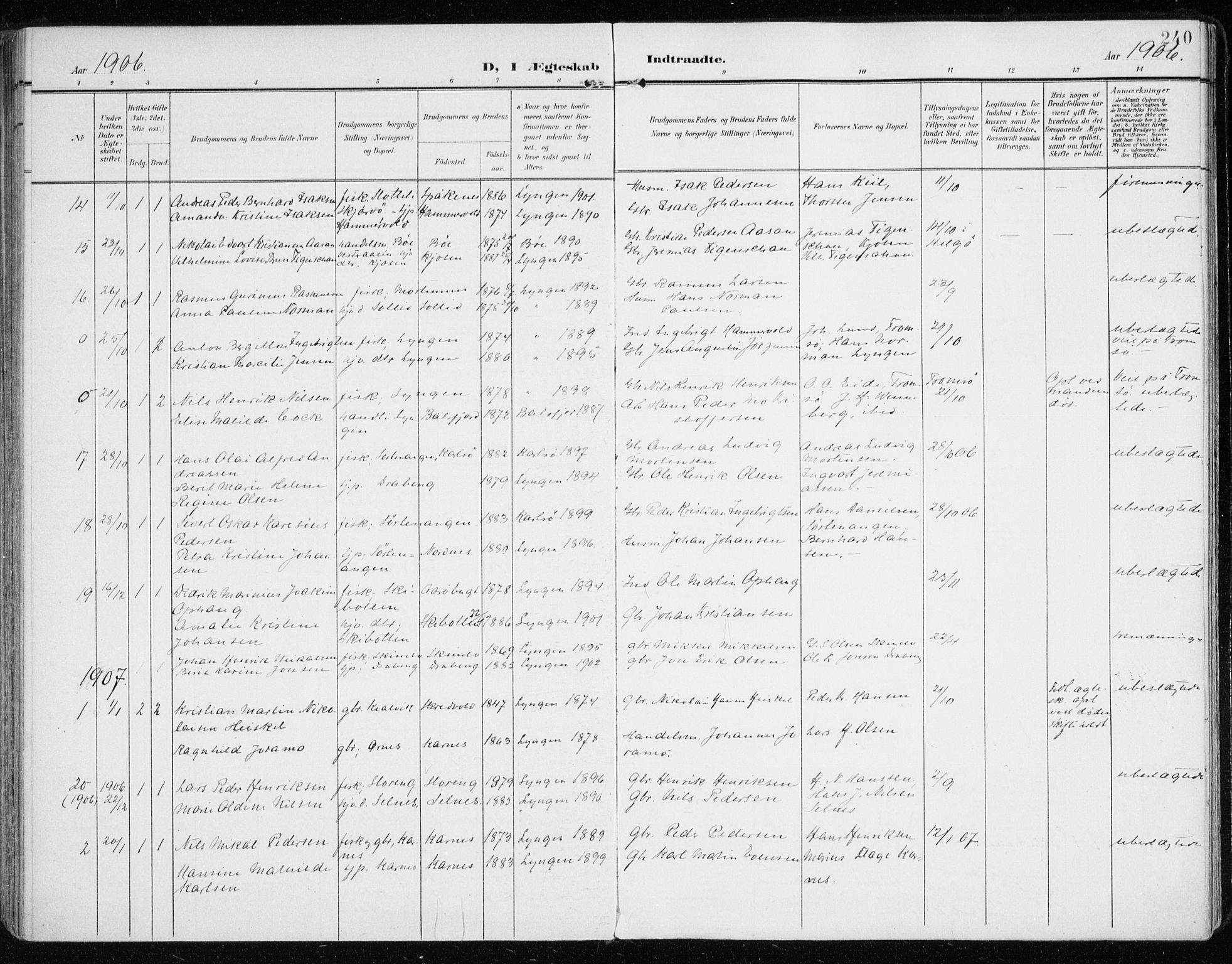 Lyngen sokneprestembete, AV/SATØ-S-1289/H/He/Hea/L0011kirke: Parish register (official) no. 11, 1903-1913, p. 240