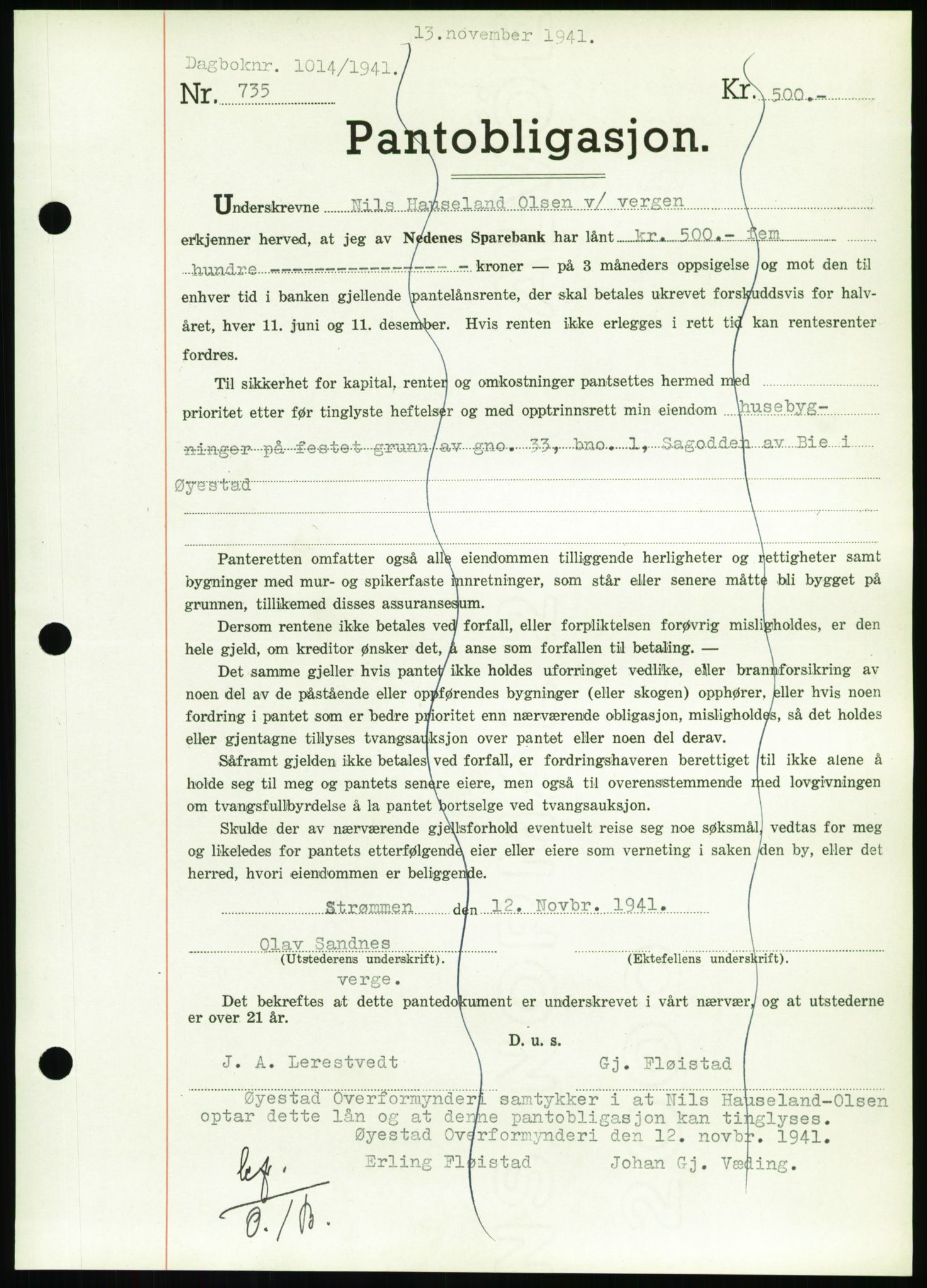 Nedenes sorenskriveri, SAK/1221-0006/G/Gb/Gbb/L0001: Mortgage book no. I, 1939-1942, Diary no: : 1014/1941