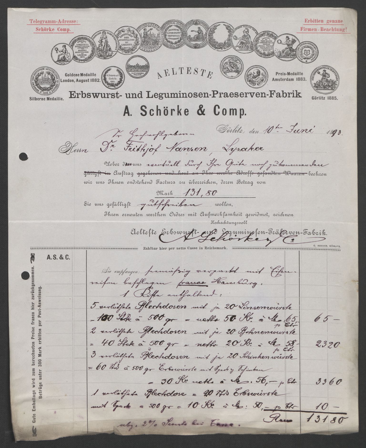 Arbeidskomitéen for Fridtjof Nansens polarekspedisjon, AV/RA-PA-0061/D/L0004: Innk. brev og telegrammer vedr. proviant og utrustning, 1892-1893, p. 785