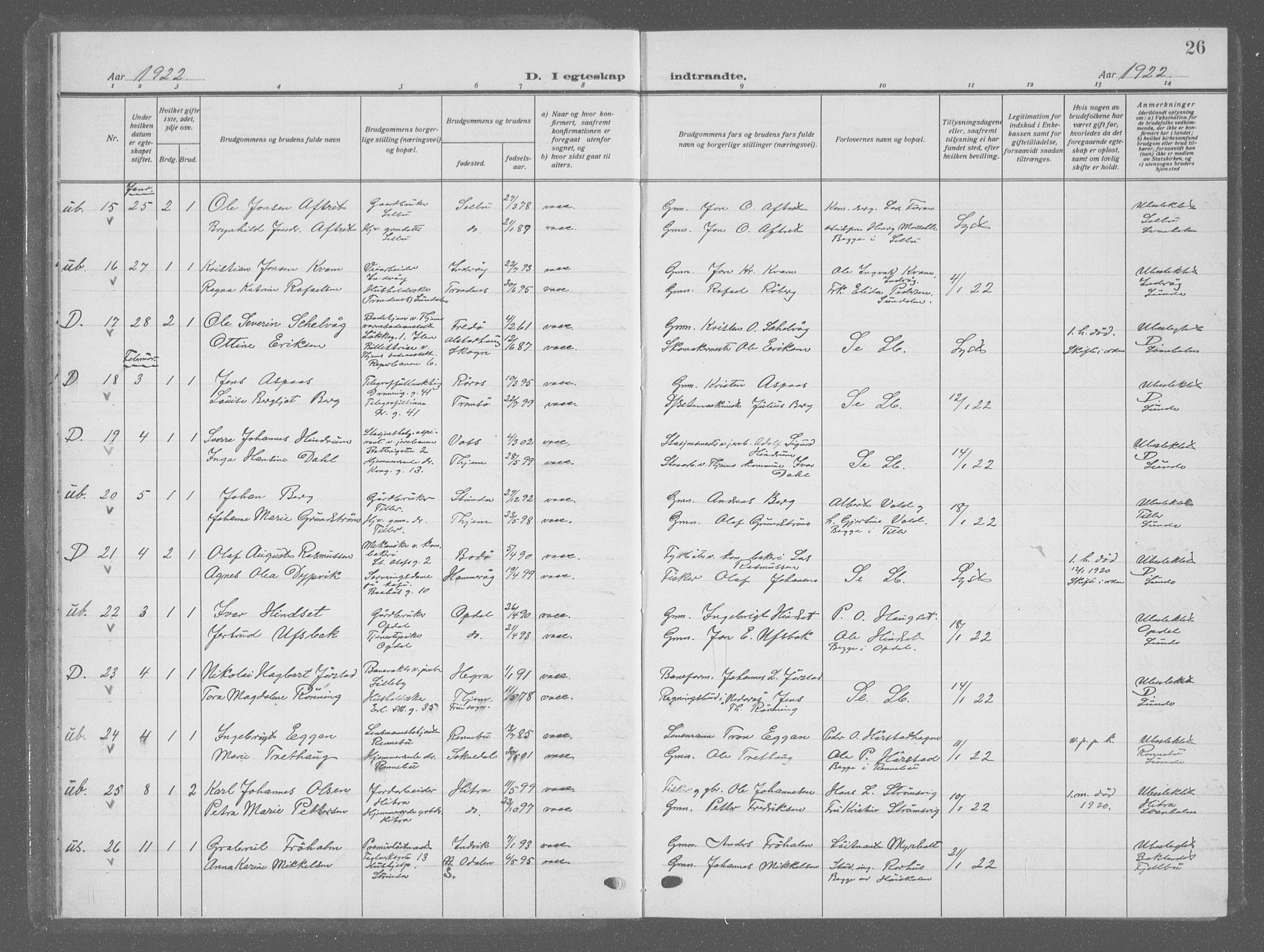 Ministerialprotokoller, klokkerbøker og fødselsregistre - Sør-Trøndelag, SAT/A-1456/601/L0098: Parish register (copy) no. 601C16, 1921-1934, p. 26