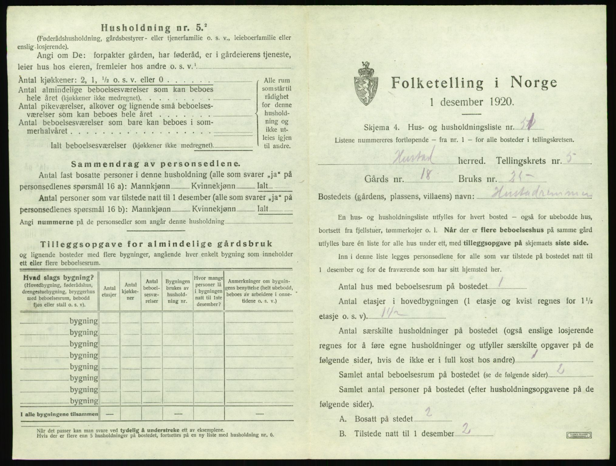 SAT, 1920 census for Hustad, 1920, p. 593