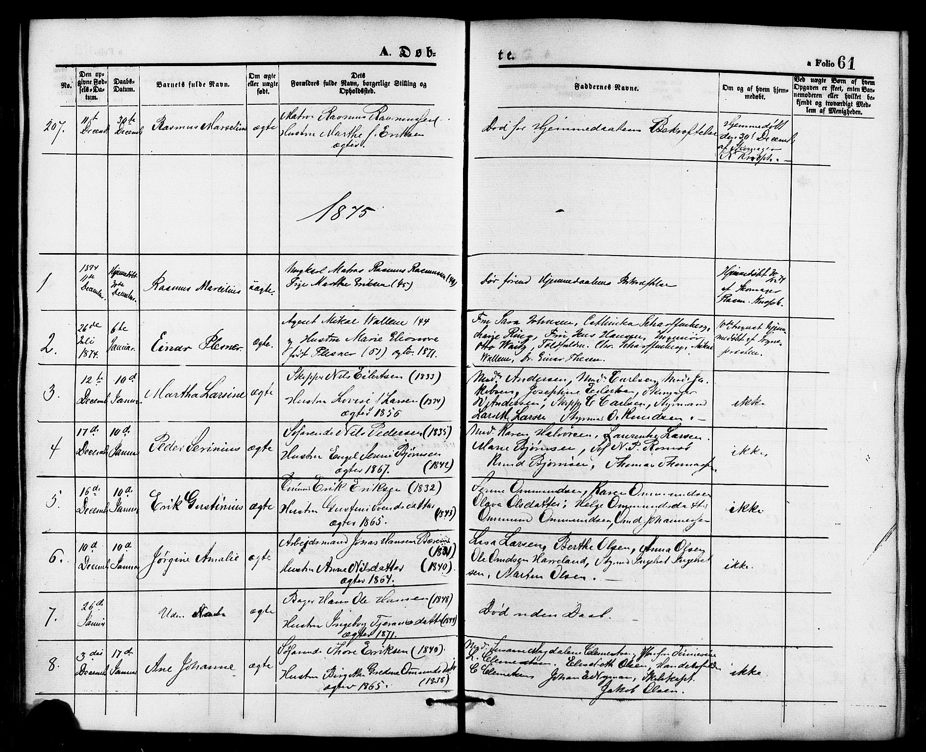 Domkirken sokneprestkontor, SAST/A-101812/001/30/30BB/L0013: Parish register (copy) no. B 13, 1871-1880, p. 61