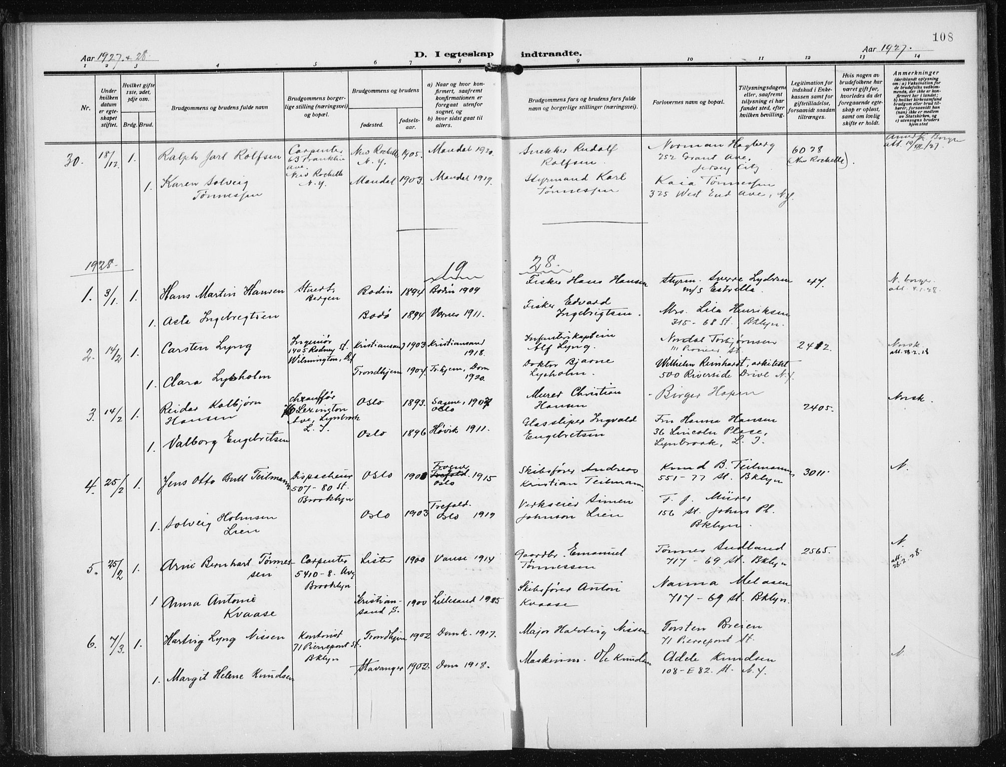 Den norske sjømannsmisjon i utlandet/New York, AV/SAB-SAB/PA-0110/H/Ha/L0008: Parish register (official) no. A 8, 1923-1935, p. 108