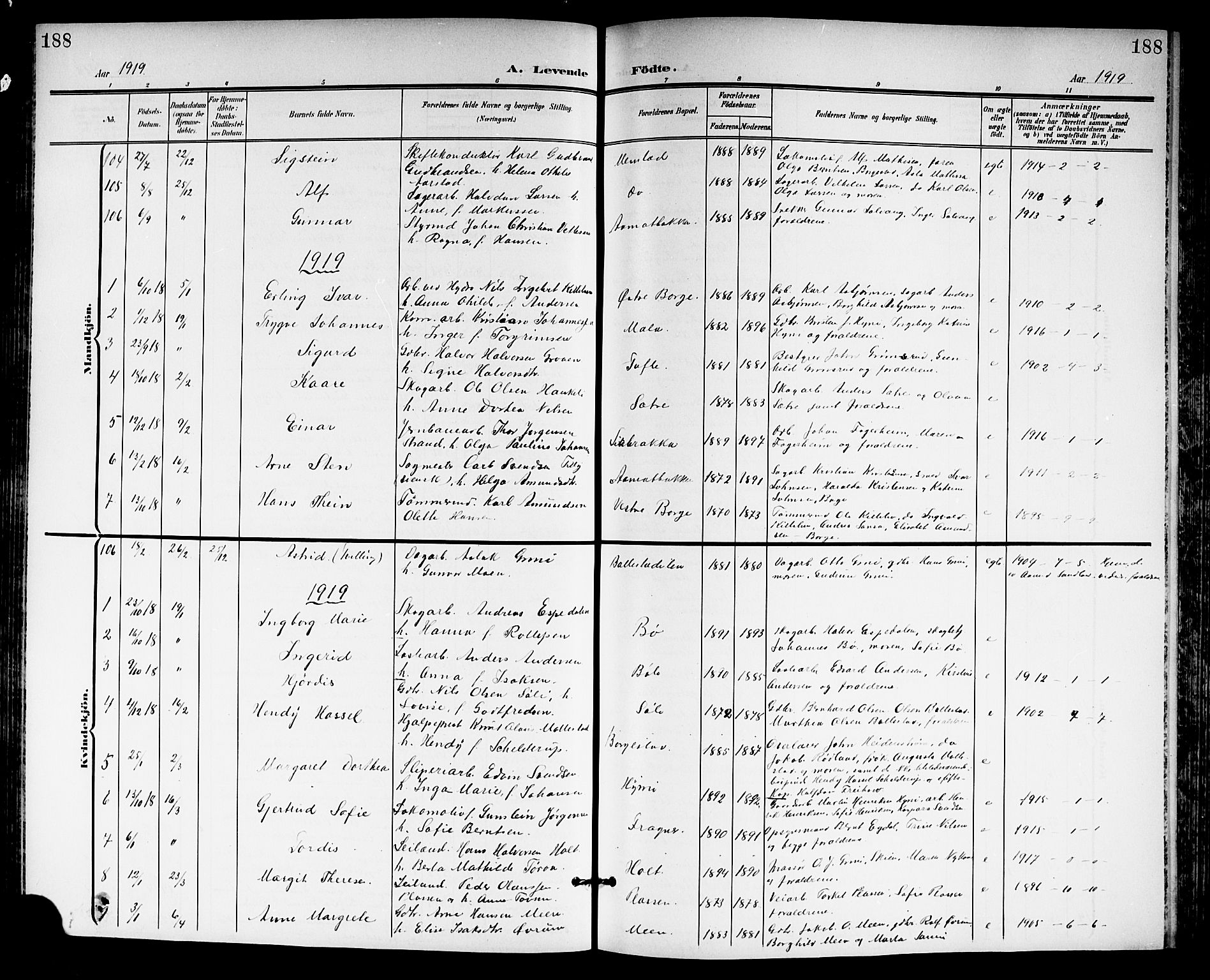 Gjerpen kirkebøker, SAKO/A-265/G/Ga/L0003: Parish register (copy) no. I 3, 1901-1919, p. 188