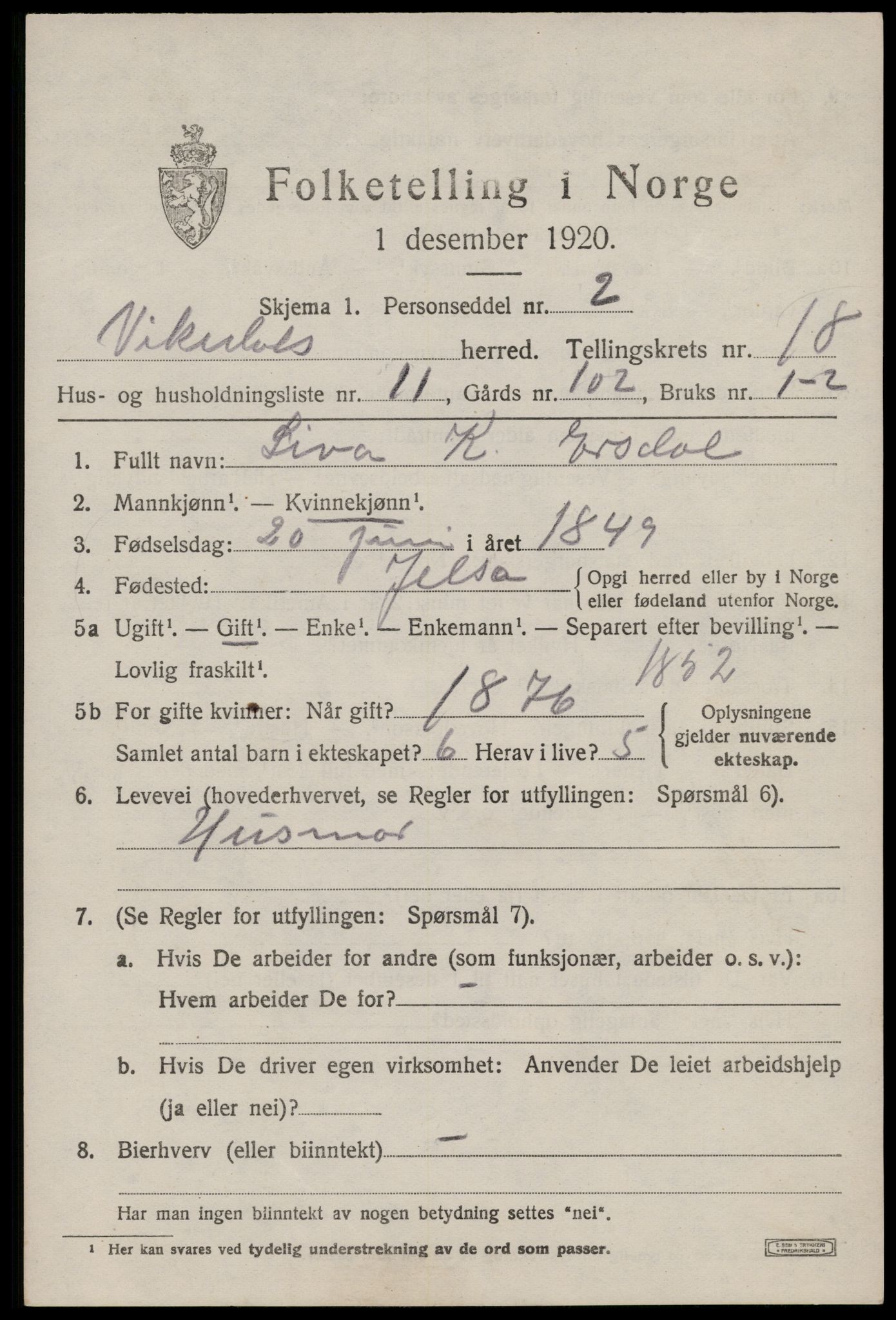 SAST, 1920 census for Vikedal, 1920, p. 5293