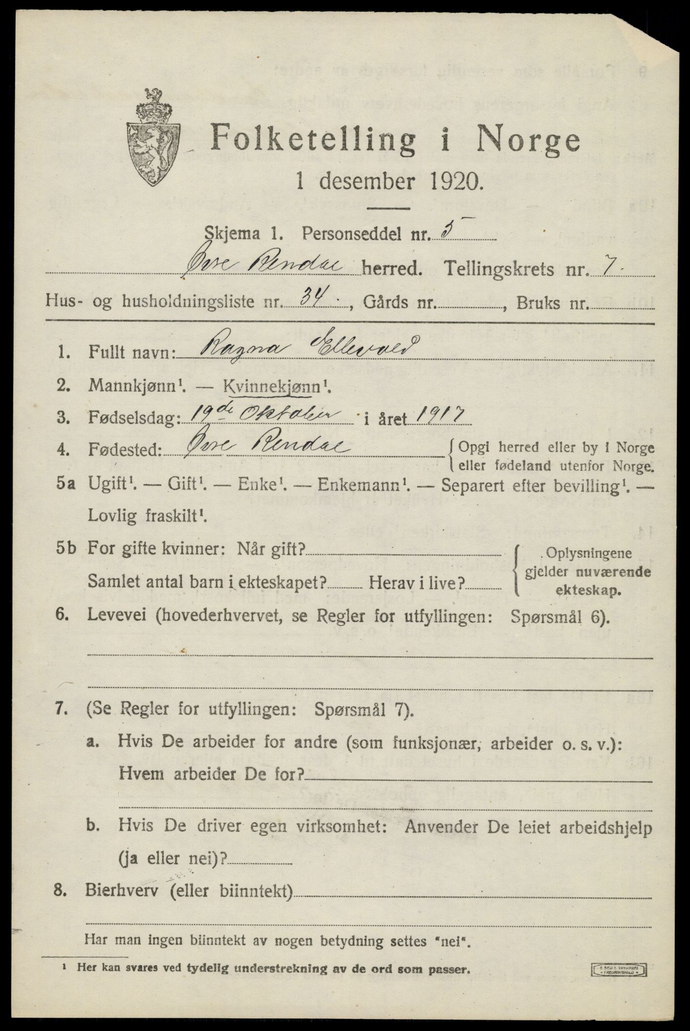 SAH, 1920 census for Øvre Rendal, 1920, p. 2827