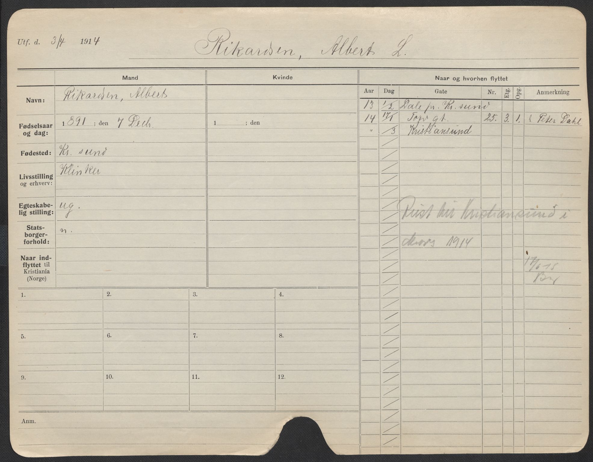 Oslo folkeregister, Registerkort, AV/SAO-A-11715/F/Fa/Fac/L0009: Menn, 1906-1914, p. 556a