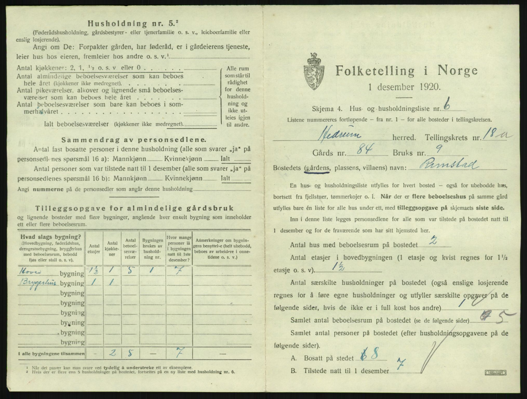 SAKO, 1920 census for Hedrum, 1920, p. 1575